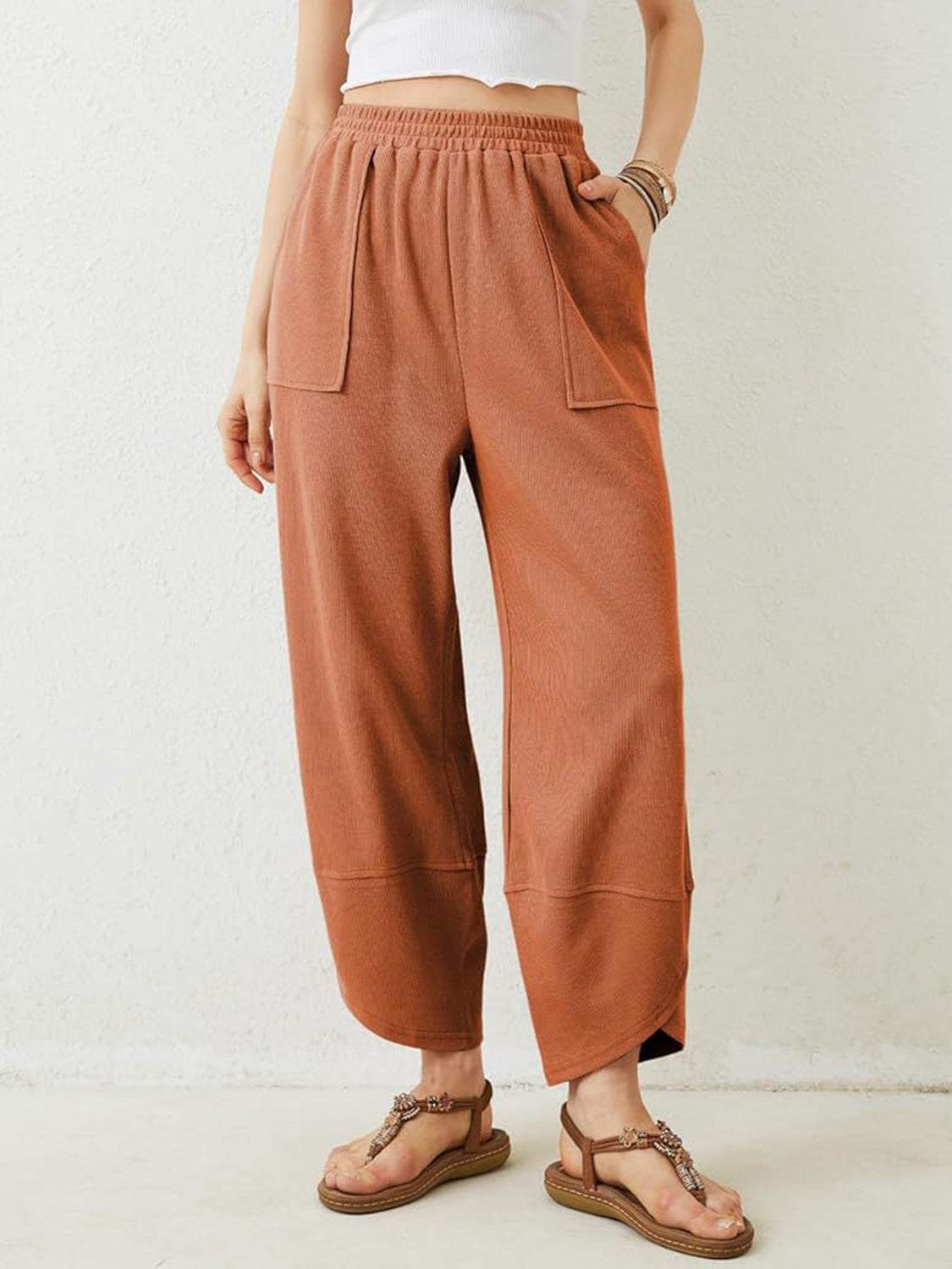 Blue Zone Planet | Lovelet Elastic Waist Wide Leg Pants-BOTTOMS SIZES SMALL MEDIUM LARGE-[Adult]-[Female]-2022 Online Blue Zone Planet