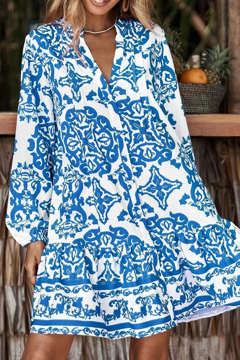 Ruffled Printed Notched Long Sleeve Dress-TOPS / DRESSES-[Adult]-[Female]-2022 Online Blue Zone Planet