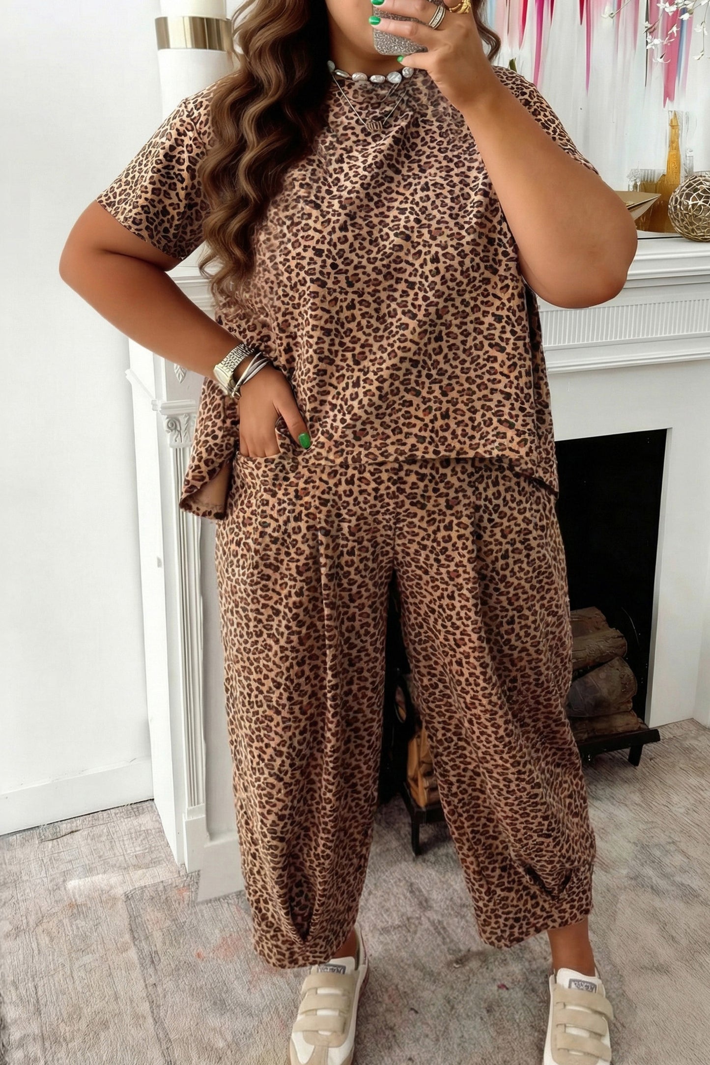 Brown Plus Size Leopard Loose Top Pleated Pants Set-Plus Size/Plus Size Loungewear-[Adult]-[Female]-Brown-1X-2022 Online Blue Zone Planet