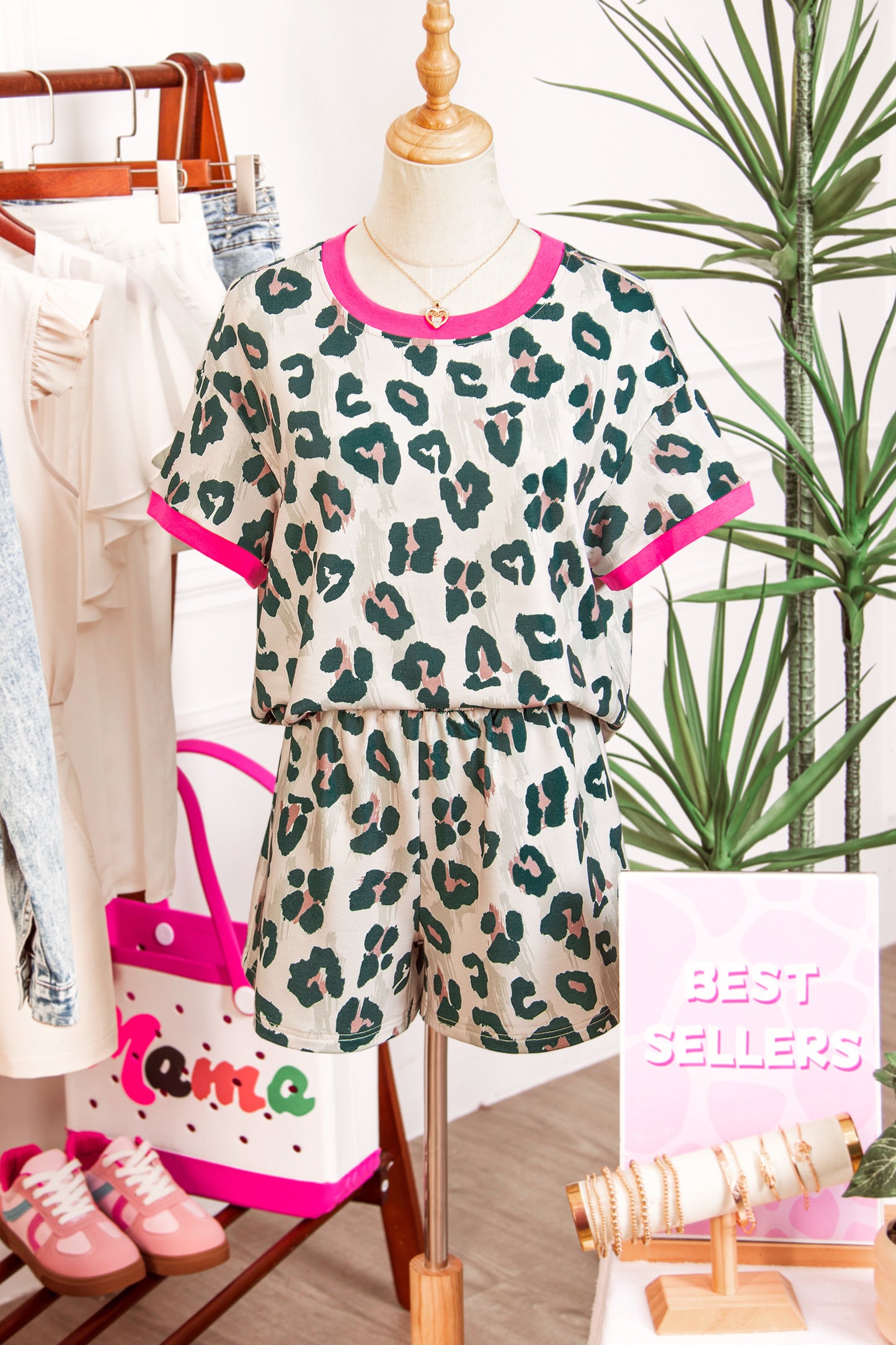 Brown Unique Leopard Print Contrast Trim Top Loose 2pcs Short Set-Two Piece Sets/Short Sets-[Adult]-[Female]-2022 Online Blue Zone Planet