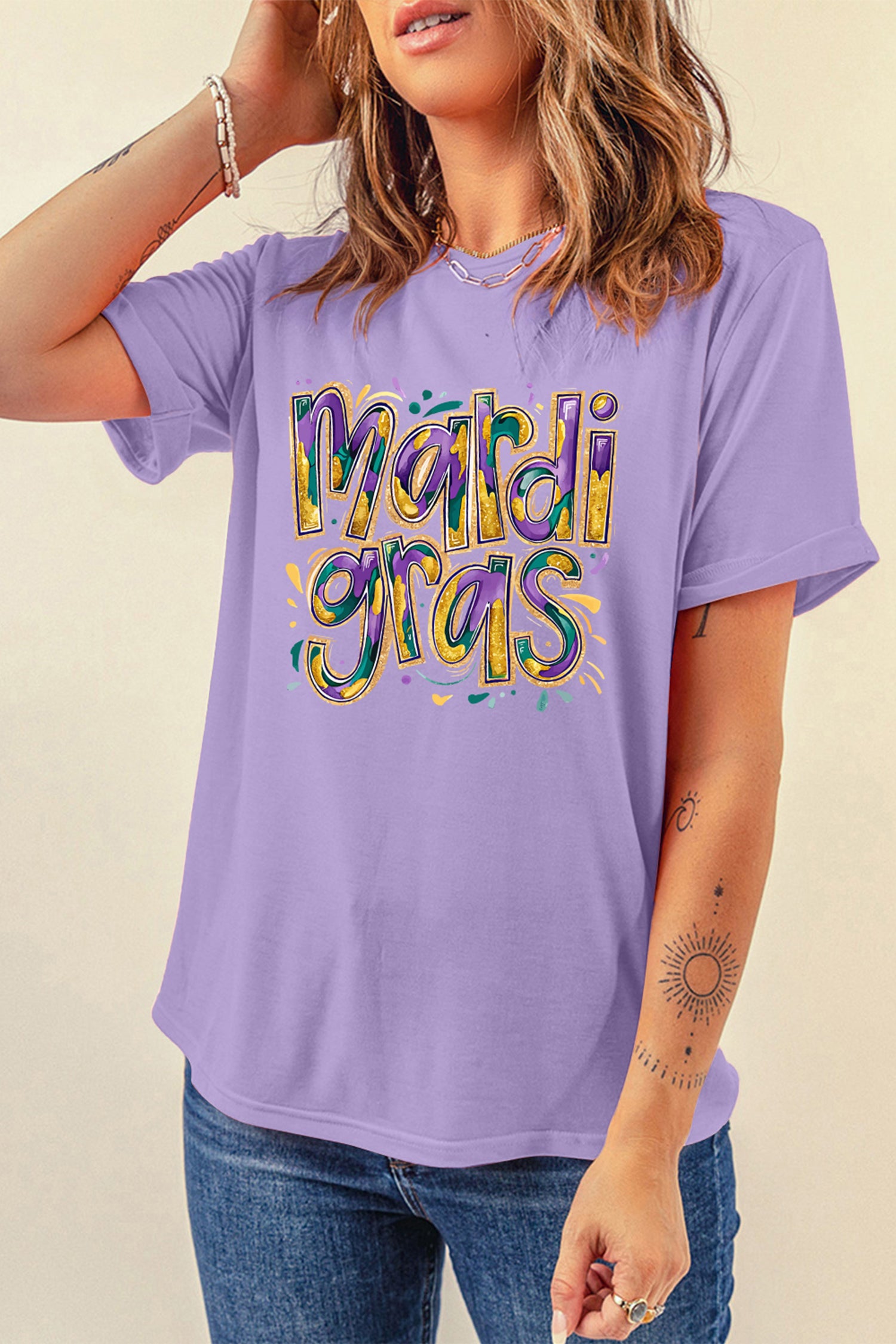 Wisteria mardi gras Cheerful Letter Graphic Tee-Graphic Tees-[Adult]-[Female]-2022 Online Blue Zone Planet