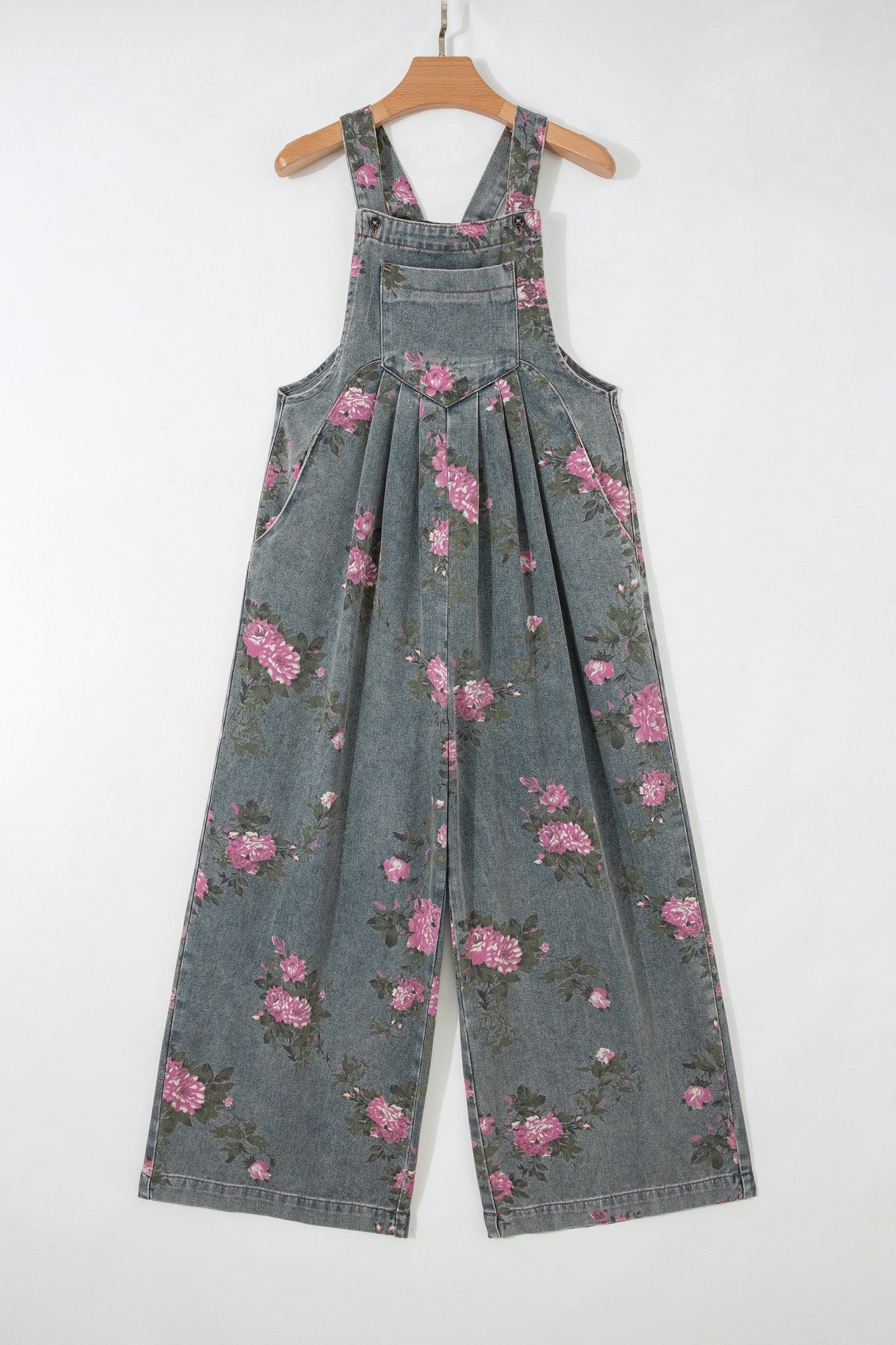 Blue Beau Floral Print Pleated High Waist Wide Leg Denim Jumpsuit-Bottoms/Jumpsuits & Rompers-[Adult]-[Female]-2022 Online Blue Zone Planet