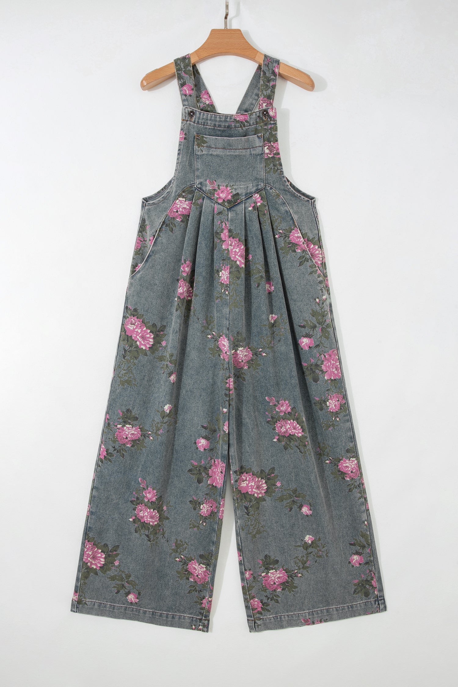 Blue Beau Floral Print Pleated High Waist Wide Leg Denim Jumpsuit-Bottoms/Jumpsuits & Rompers-[Adult]-[Female]-2022 Online Blue Zone Planet