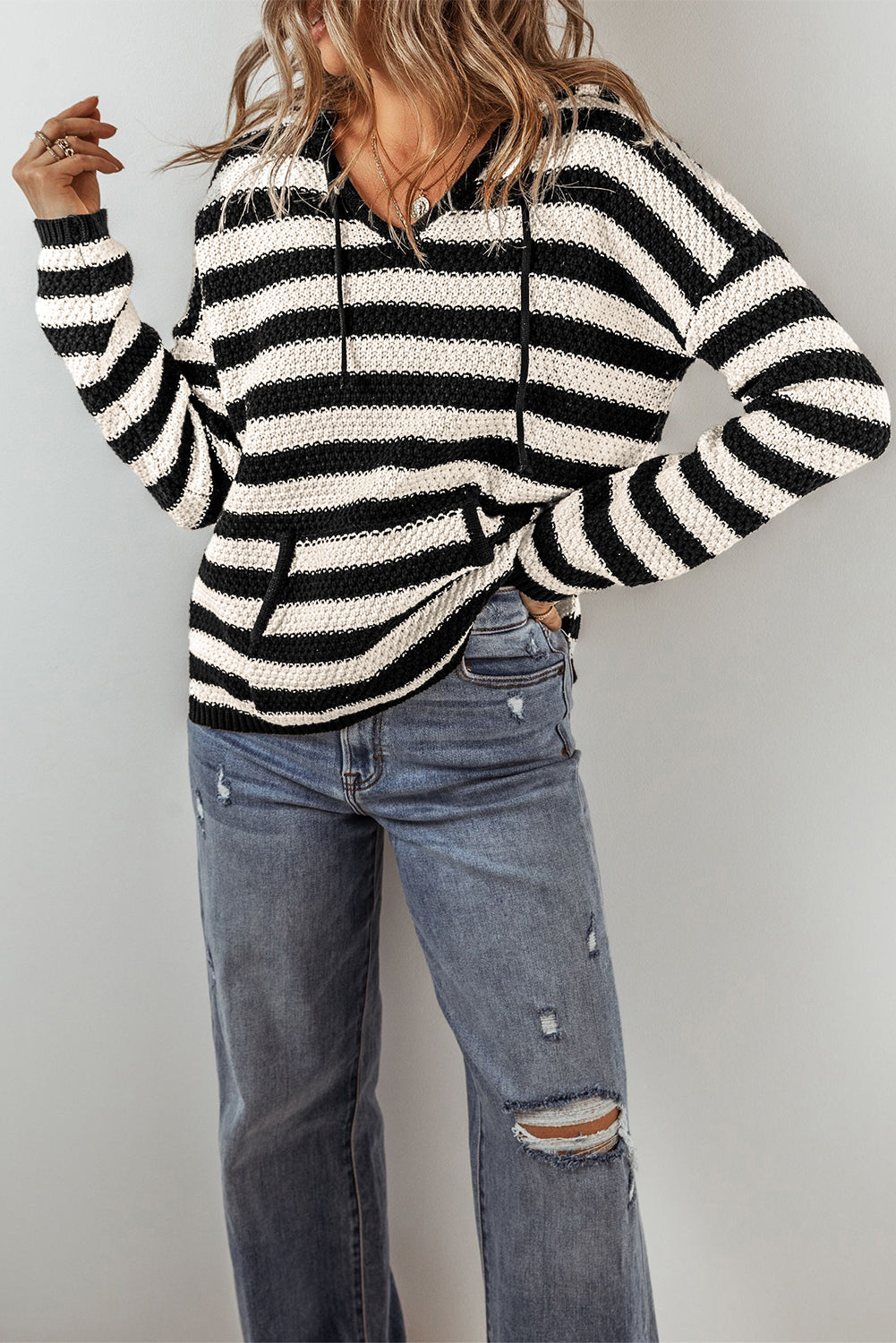 White Stripe V Neck Pocketed Drawstring Hooded Sweater-Tops / Dresses-[Adult]-[Female]-2022 Online Blue Zone Planet
