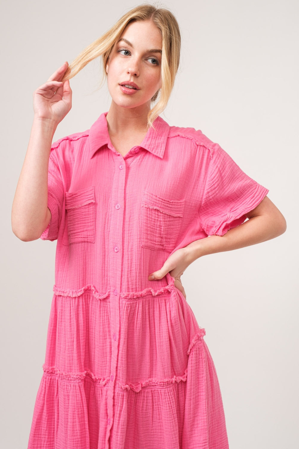 Blue Zone Planet | And The Why Full Size Raw Edge Washed Tiered Shirt Dress-TOPS / DRESSES-[Adult]-[Female]-2022 Online Blue Zone Planet