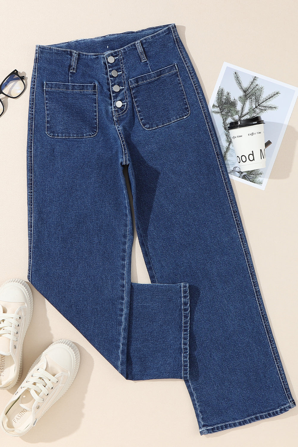 Sail Blue High Waist Button Front Wide Leg Cropped Jeans-Bottoms/Jeans-[Adult]-[Female]-2022 Online Blue Zone Planet