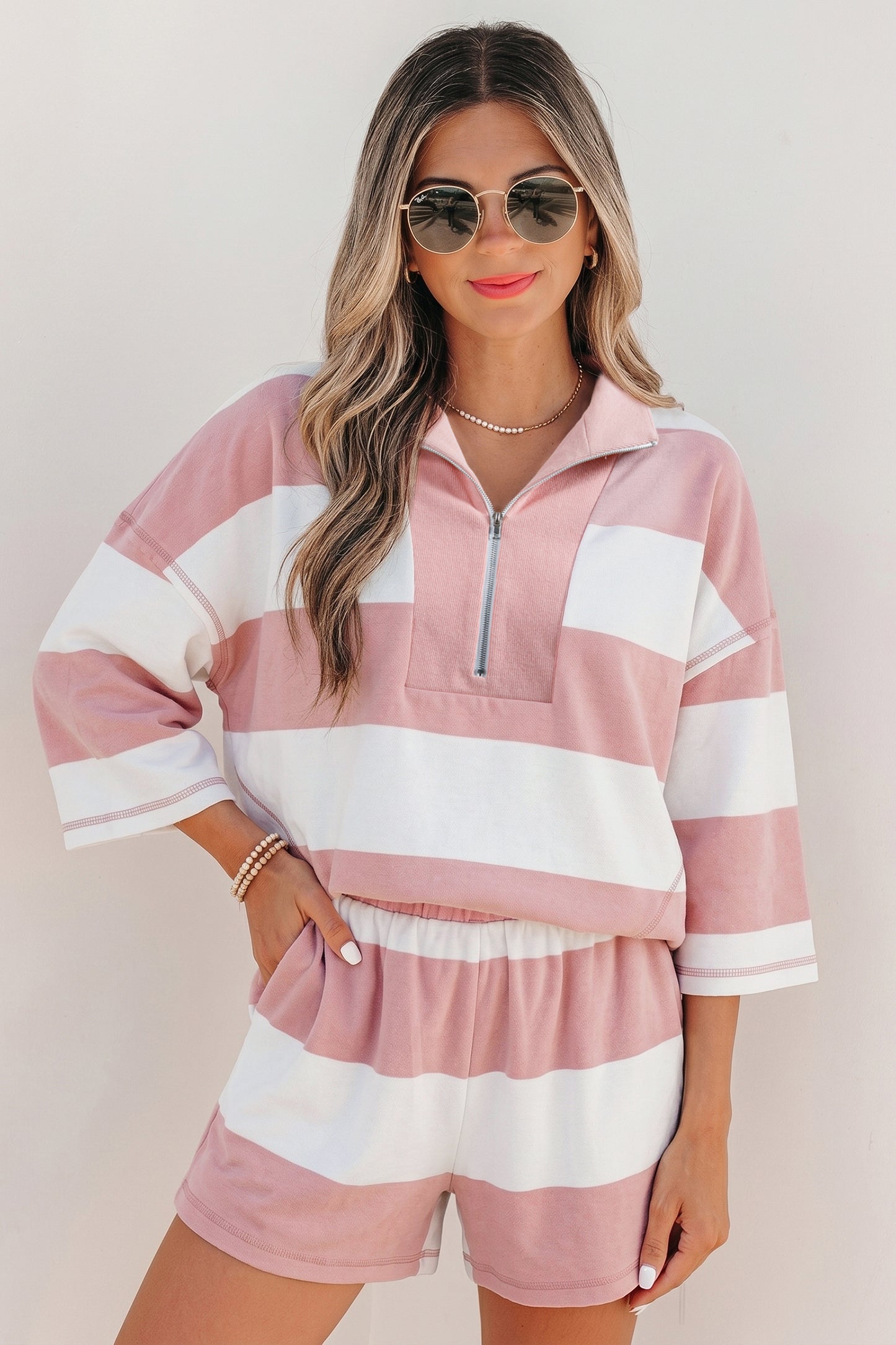Pink Stripe Half Zip Bracelet Sleeve Top Casual Short Set-Two Piece Sets/Short Sets-[Adult]-[Female]-Pink Stripe-S-2022 Online Blue Zone Planet
