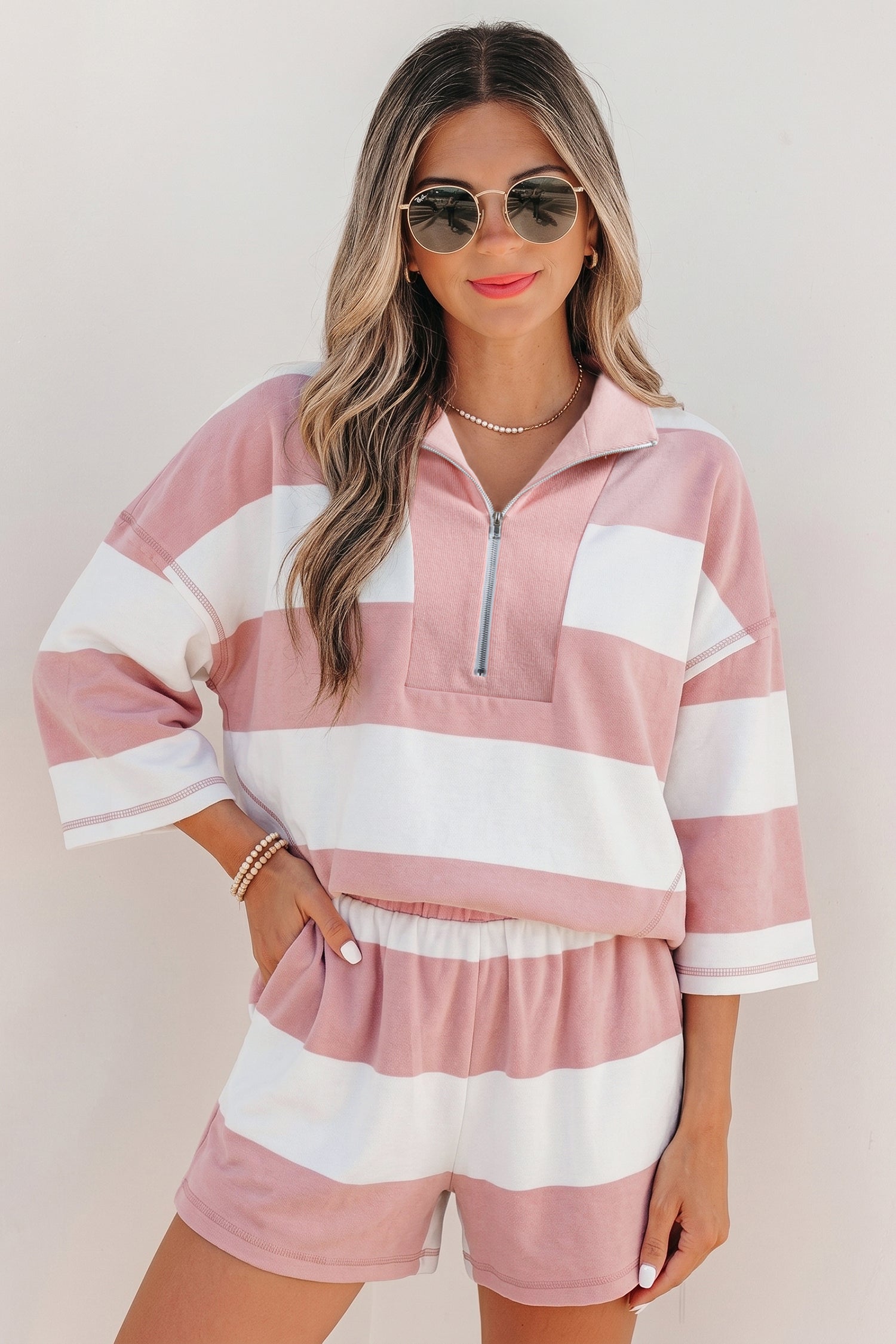 Pink Stripe Half Zip Bracelet Sleeve Top Casual Short Set-Two Piece Sets/Short Sets-[Adult]-[Female]-Pink Stripe-S-2022 Online Blue Zone Planet
