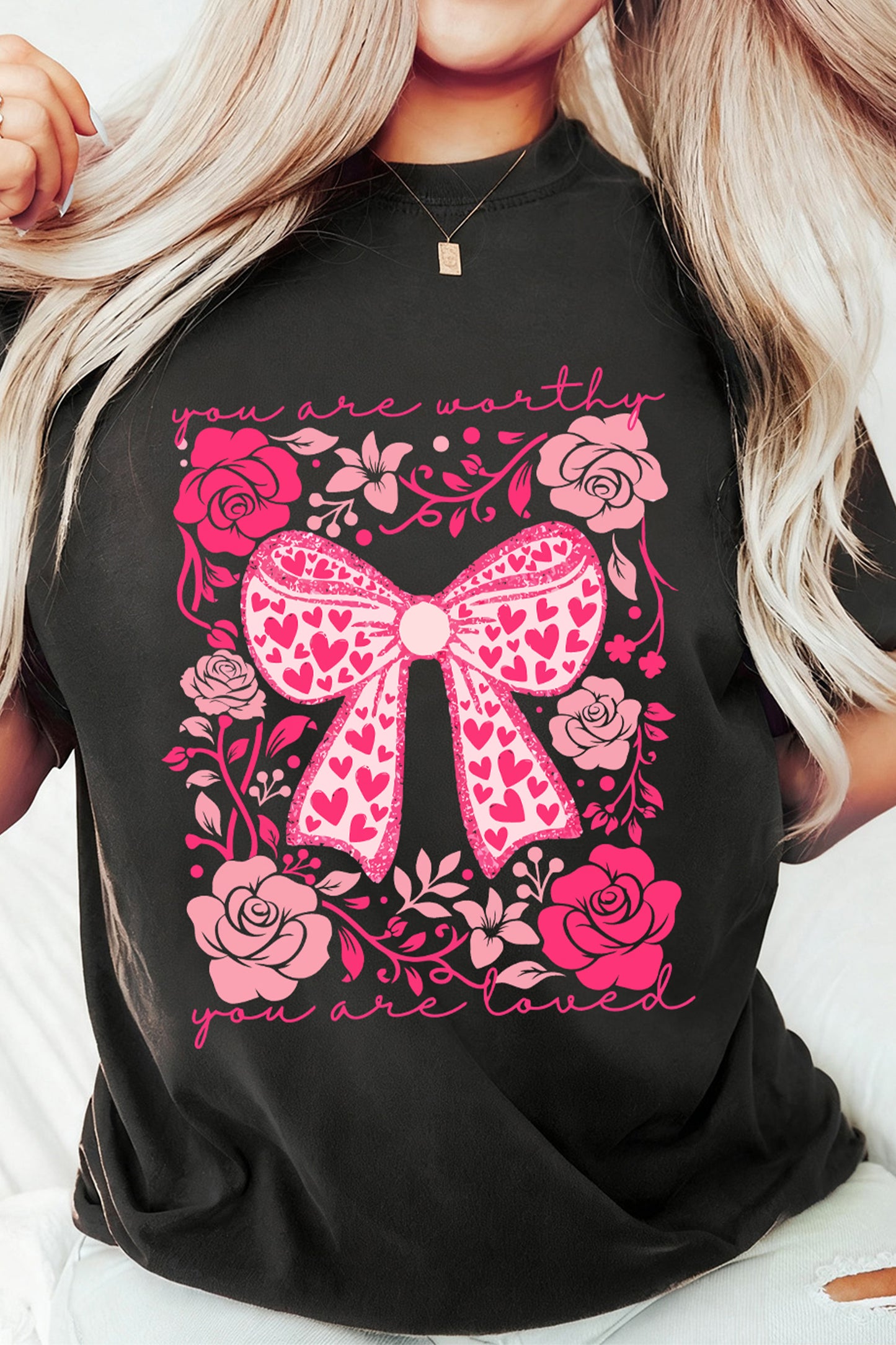 Black Valentines Day Slogan Floral And Bow Printed T Shirt-Graphic Tees-[Adult]-[Female]-2022 Online Blue Zone Planet
