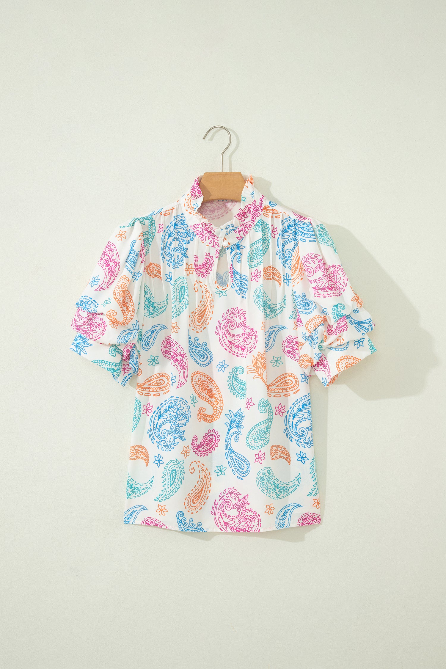 Multicolour Vibrant Paisley Printed Button Keyhole Puff Sleeve Blouse-Tops/Blouses & Shirts-[Adult]-[Female]-2022 Online Blue Zone Planet