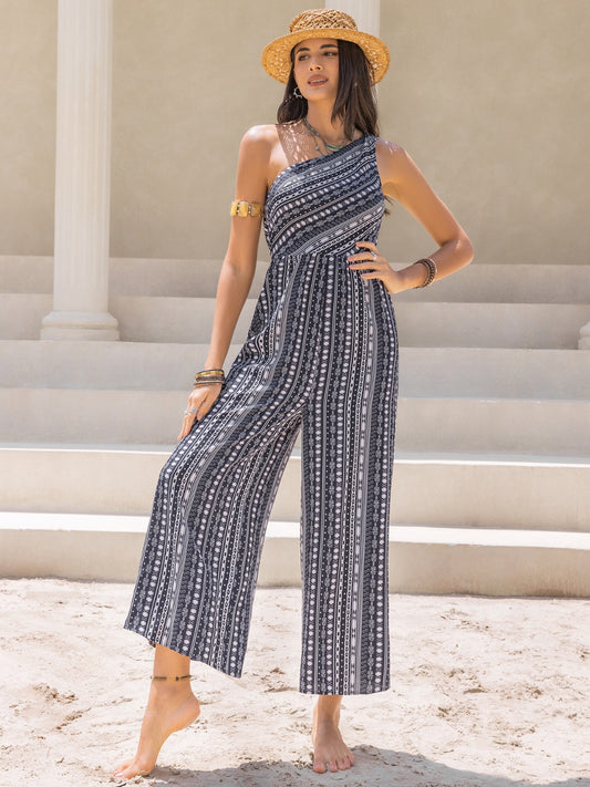 Printed Single Shoulder Sleeveless Jumpsuit-TOPS / DRESSES-[Adult]-[Female]-Black-S-2022 Online Blue Zone Planet