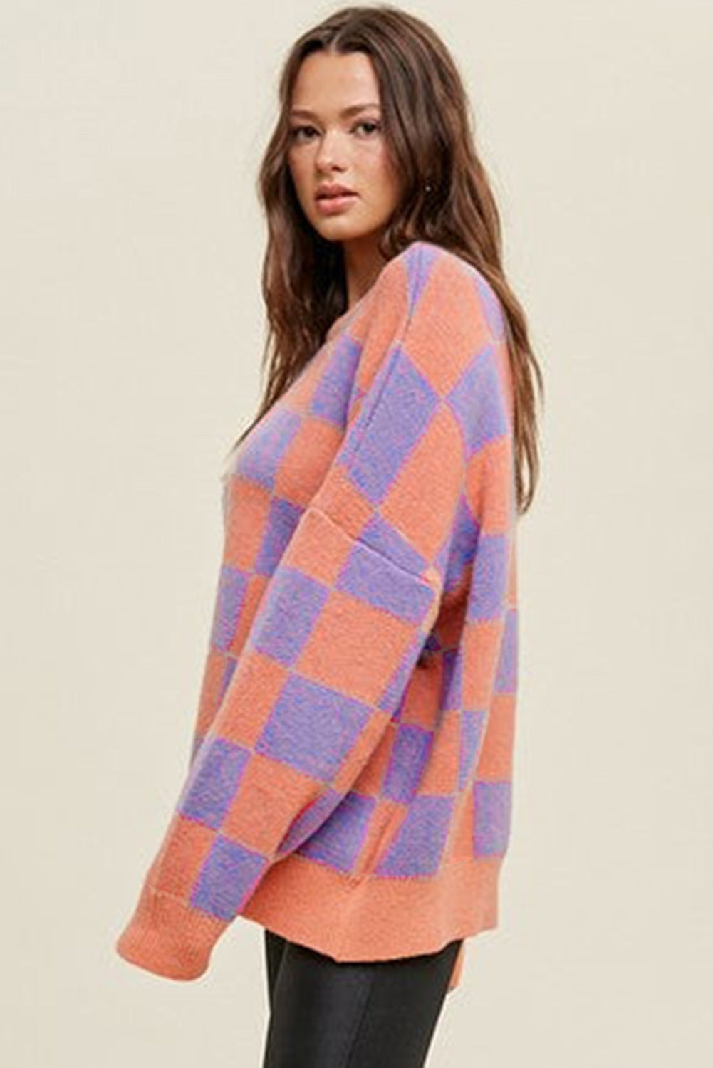 Grapefruit Orange Checkered Pattern Ribbed Trim Knit Baggy Sweater-TOPS / DRESSES-[Adult]-[Female]-2022 Online Blue Zone Planet