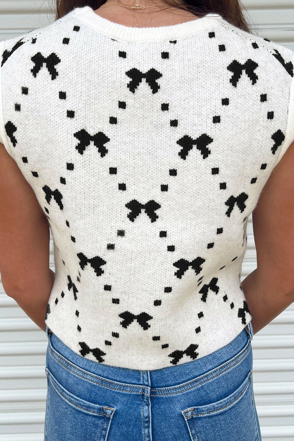 White Bow Pattern Buttoned Side Cropped Sweater Vest-Sweaters & Cardigans/Sweater Vests-[Adult]-[Female]-2022 Online Blue Zone Planet