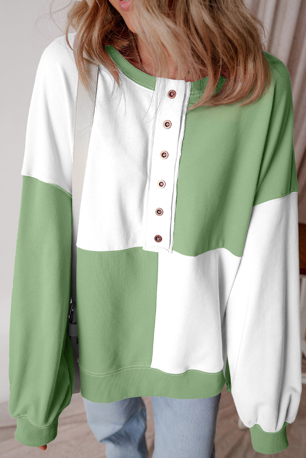 Color black Colorblock Henley High Low Oversize Sweatshirt-Tops/Sweatshirts & Hoodies-[Adult]-[Female]-Grass Green-S-2022 Online Blue Zone Planet