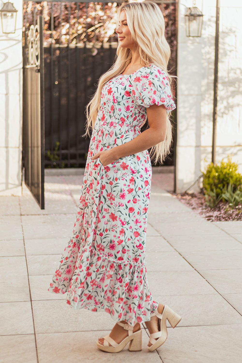 Pink Floral Puff Sleeve Square Neck Empire Waist Tiered Maxi Dress-Dresses/Floral Dresses-[Adult]-[Female]-2022 Online Blue Zone Planet