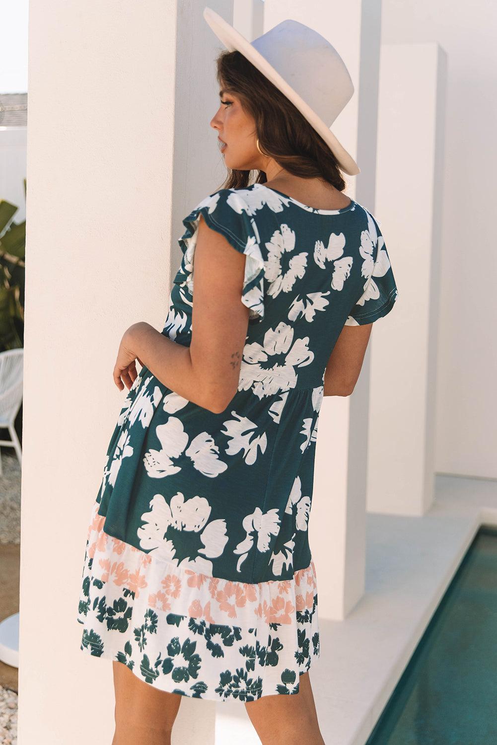 Floral Print Ruffle Sleeve Empire Waist Mini Dress-Dresses/Mini Dresses-[Adult]-[Female]-2022 Online Blue Zone Planet