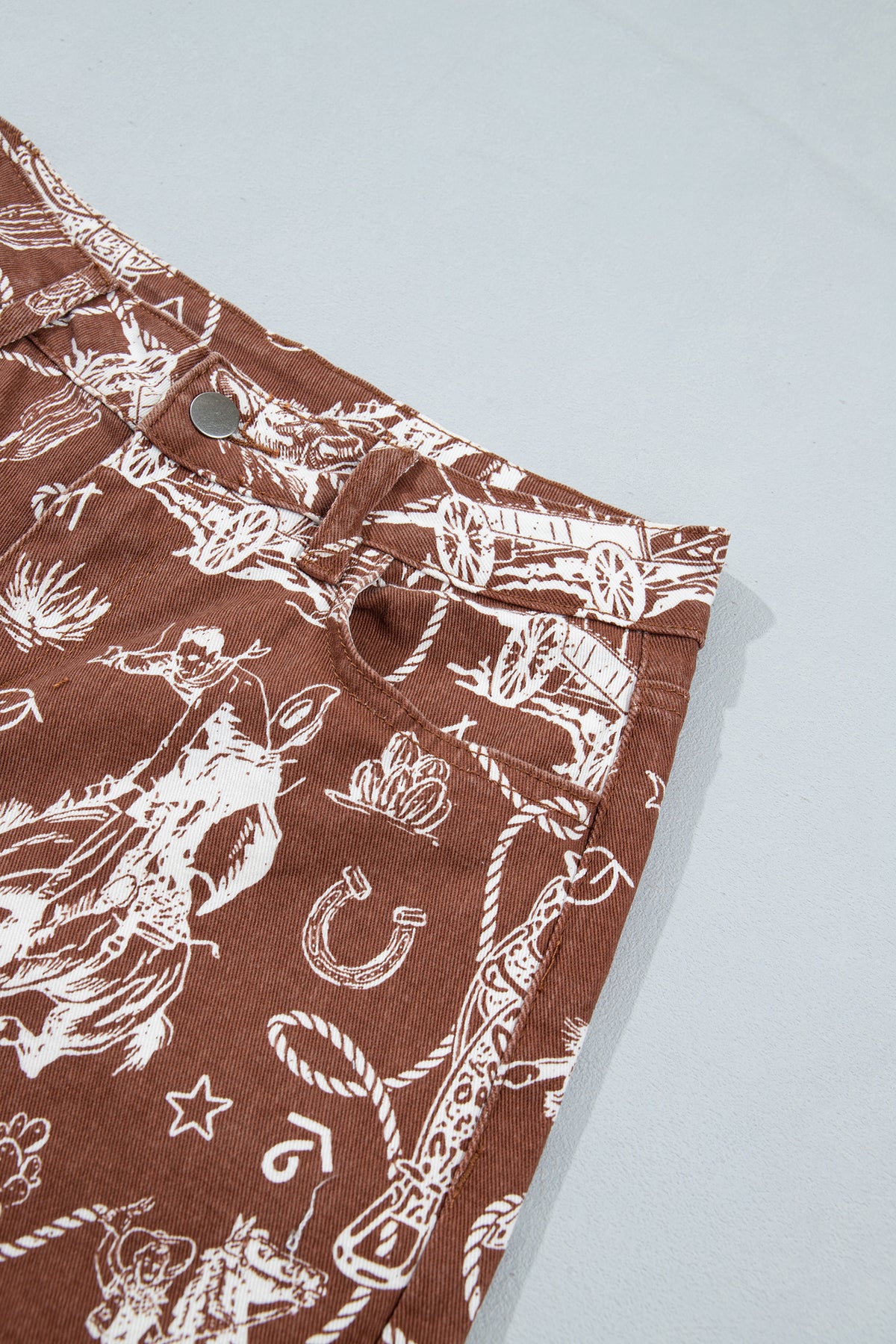 Brown Western Print Casual Shift Jeans-Bottoms/Jeans-[Adult]-[Female]-2022 Online Blue Zone Planet