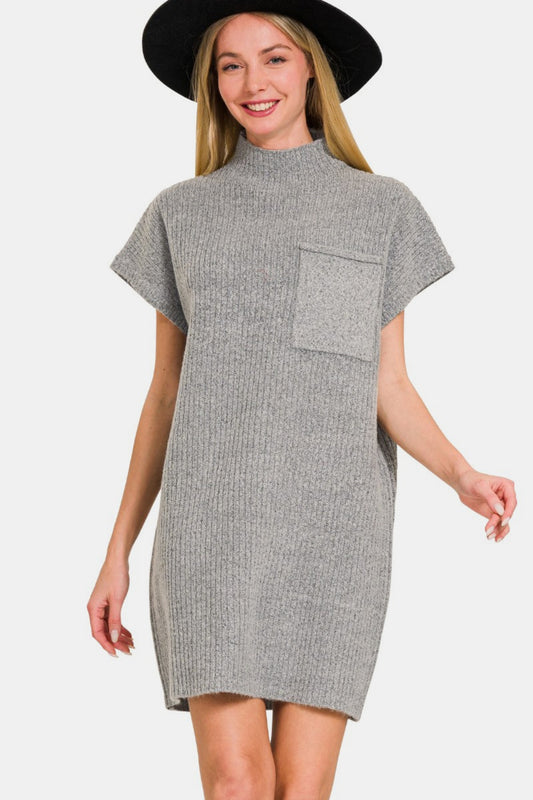 Zenana Short Sleeve Sweater Mini Dress-TOPS / DRESSES-[Adult]-[Female]-Grey-S-2022 Online Blue Zone Planet