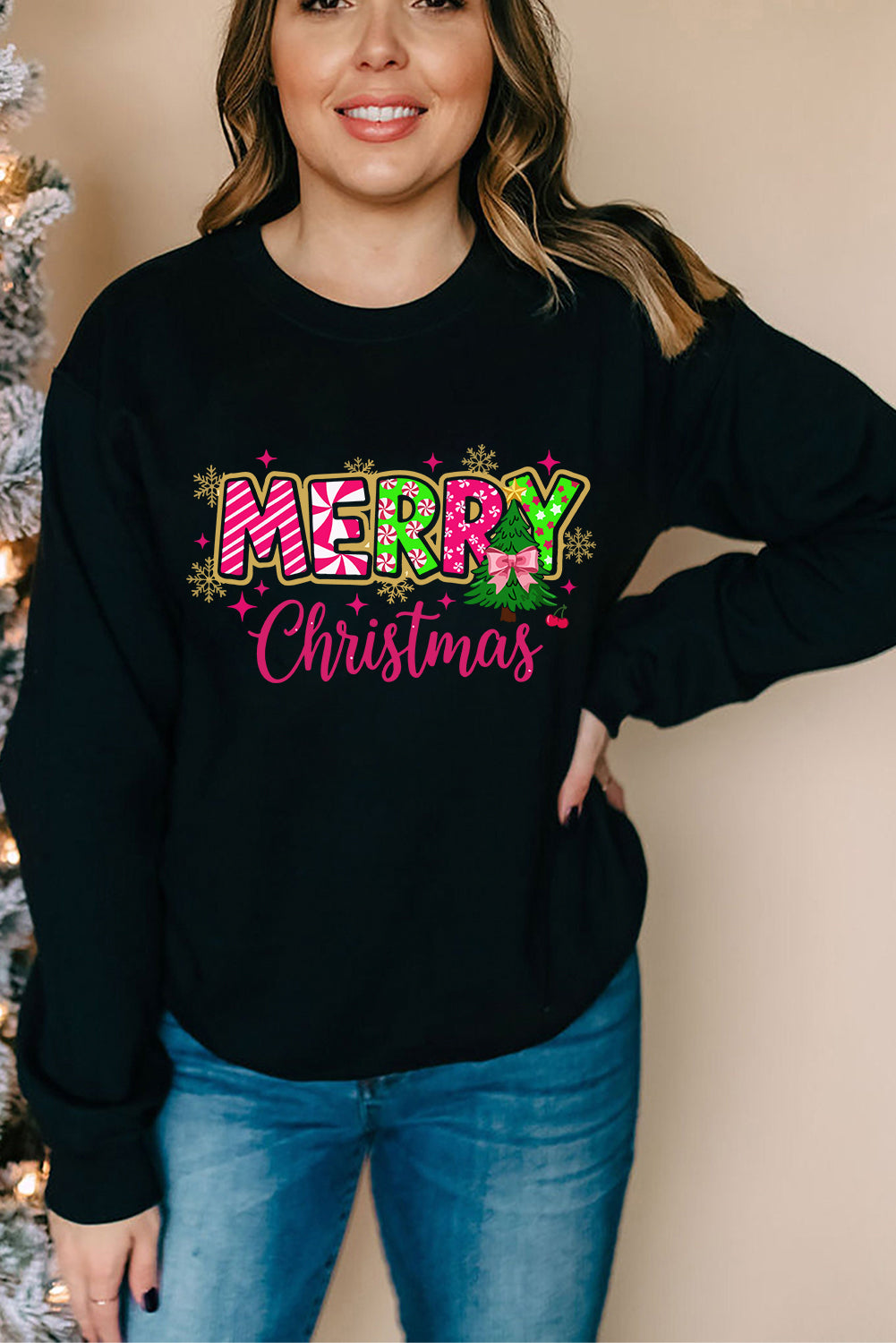 Black MERRY Christmas Playful Letter Print Drop Shoulder Sweatshirt-Graphic/Graphic Sweatshirts-[Adult]-[Female]-2022 Online Blue Zone Planet