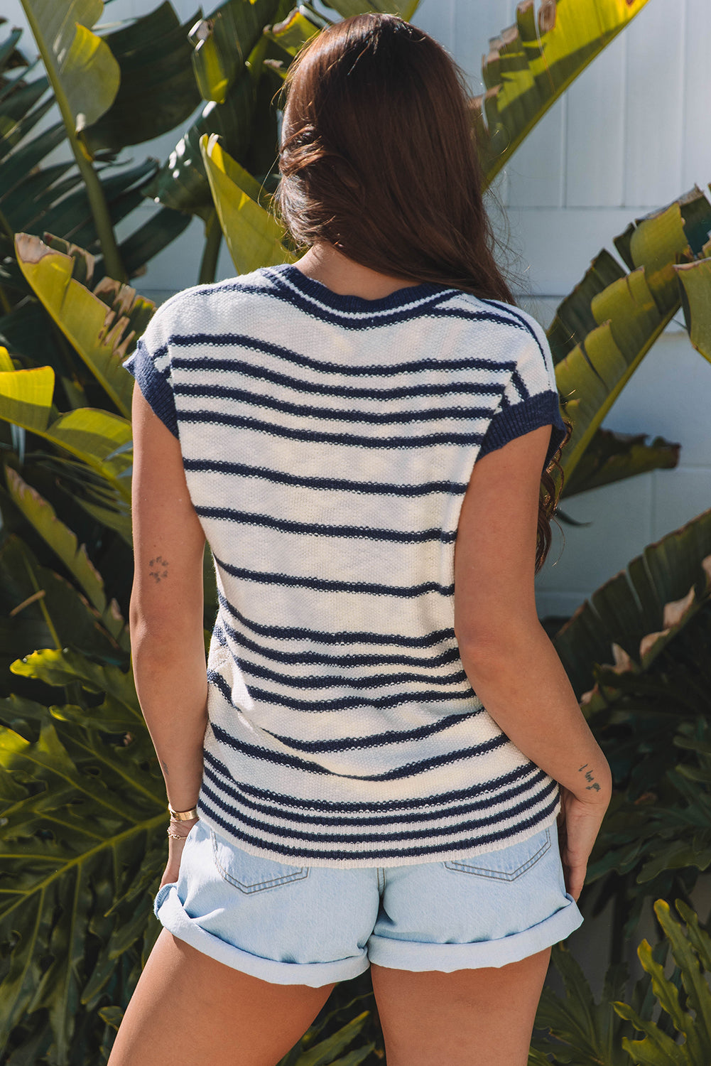 Blue Stripe Loose Buttoned V Neck Sweater Vest-Sweaters & Cardigans/Sweater Vests-[Adult]-[Female]-2022 Online Blue Zone Planet