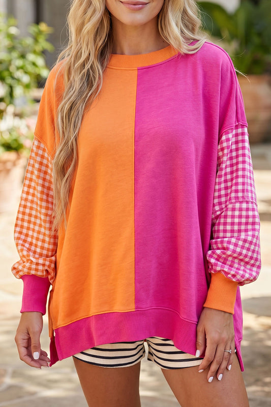 Rose Red Colorblock Gingham Sleeve Crewneck Sweatshirt-Tops/Sweatshirts & Hoodies-[Adult]-[Female]-Rose Red-S-2022 Online Blue Zone Planet