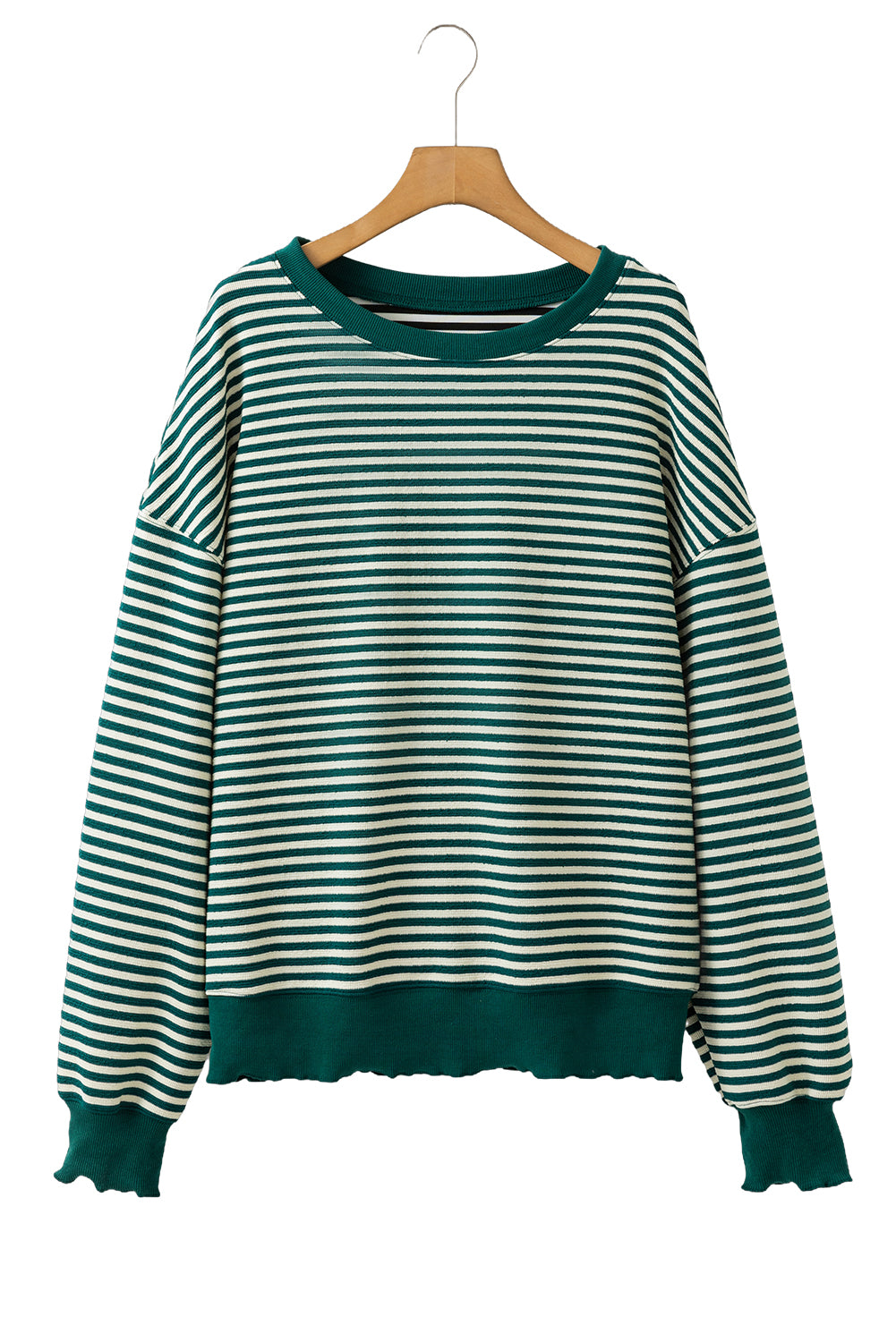 Blue Zone Planet | Green Stripe Drop Shoulder Long Sleeve Top-Long Sleeve Tops-[Adult]-[Female]-2022 Online Blue Zone Planet