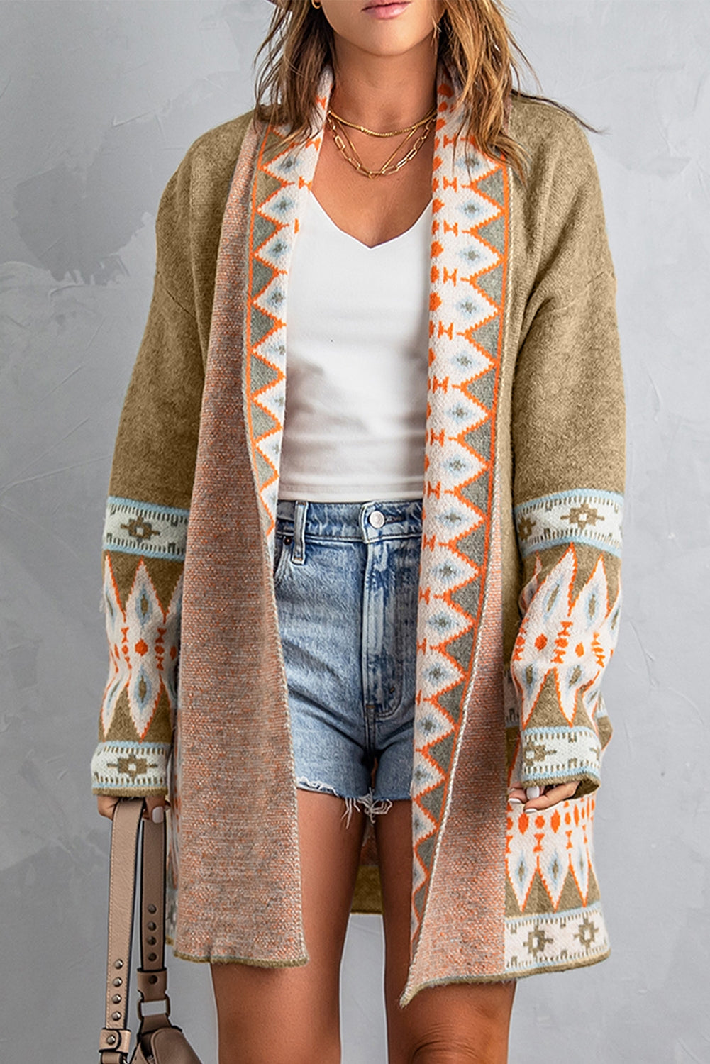 Brown Aztec Print Open Front Knitted Cardigan-Sweaters & Cardigans/Cardigans-[Adult]-[Female]-2022 Online Blue Zone Planet