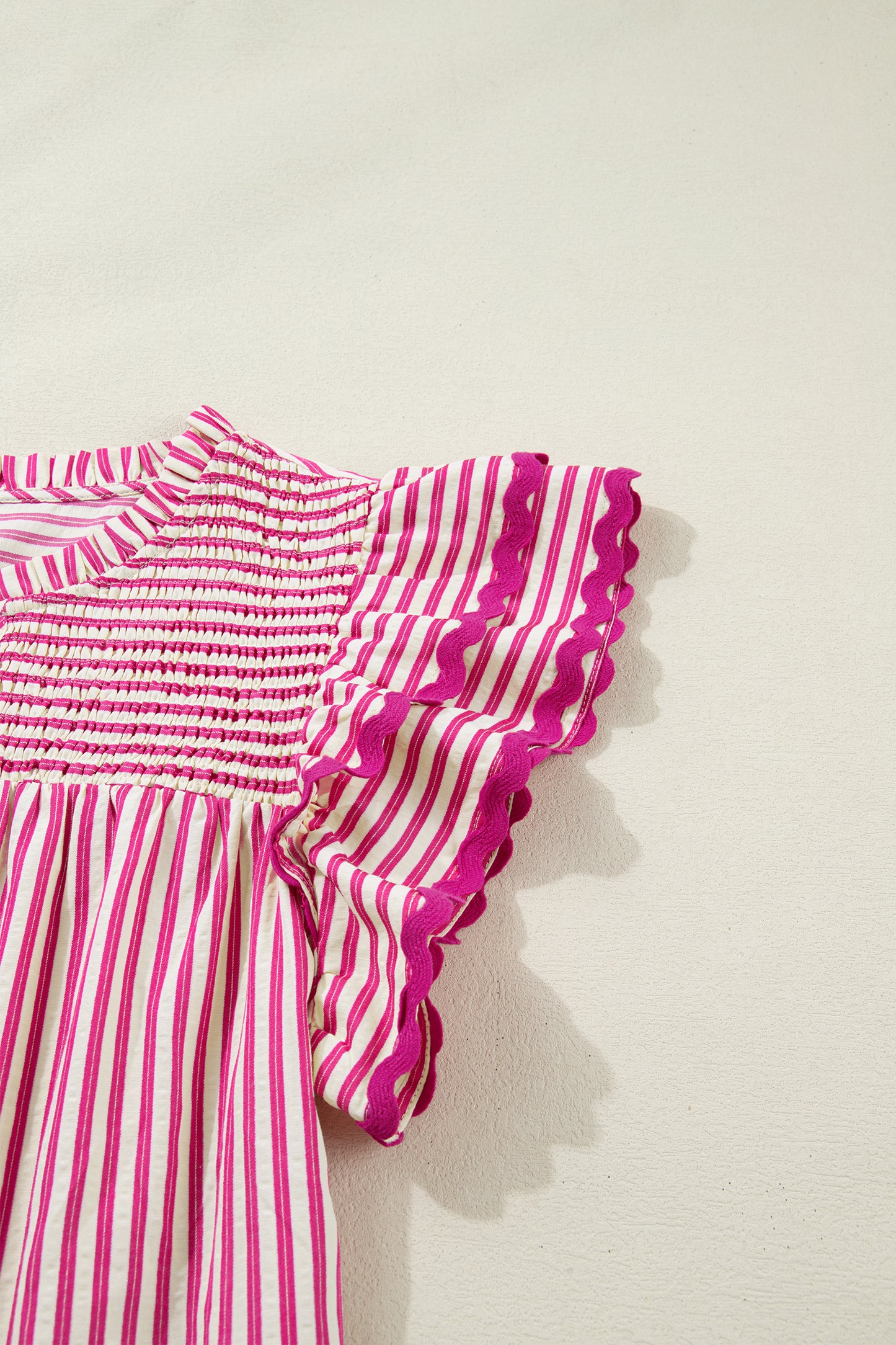 Rose Stripe Shirred Yoke Ruffled Short Sleeve Blouse-Tops/Blouses & Shirts-[Adult]-[Female]-2022 Online Blue Zone Planet