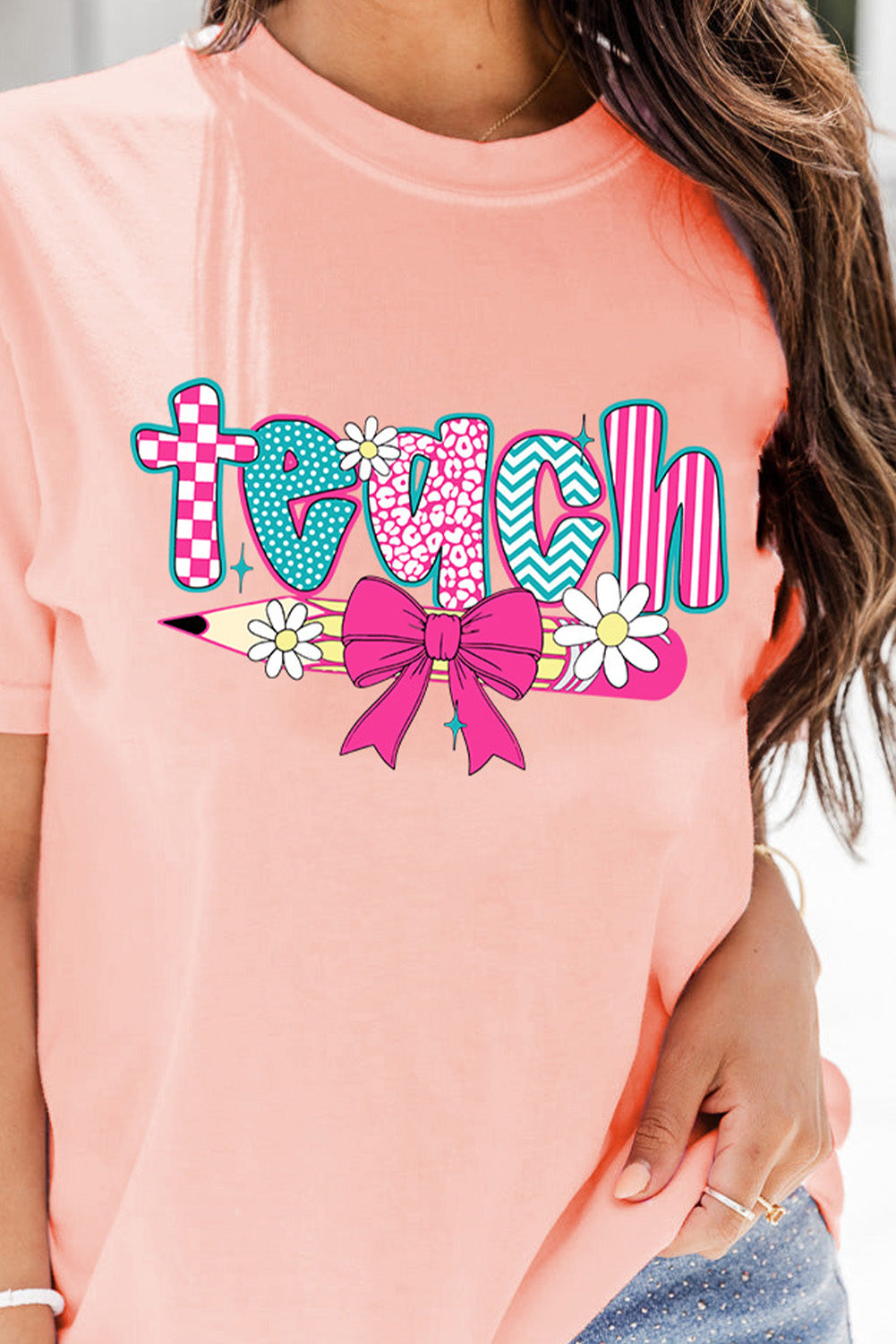 Pink Preppy Retro Checkered Coquette Teach Graphic T-Shirt-Graphic/Graphic Tees-[Adult]-[Female]-2022 Online Blue Zone Planet