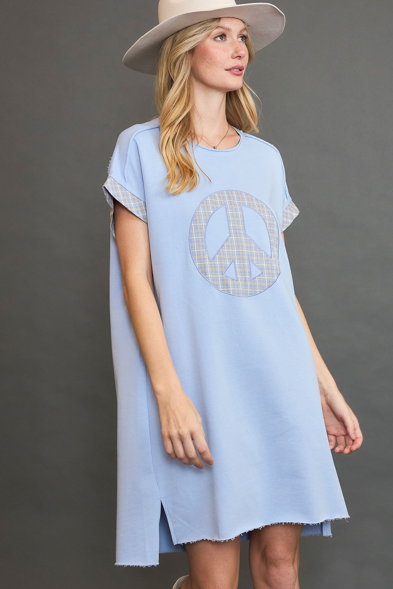 Umgee Peace Plaid Applique Short Sleeve Mini Dress-TOPS / DRESSES-[Adult]-[Female]-Light Blue-S-2022 Online Blue Zone Planet