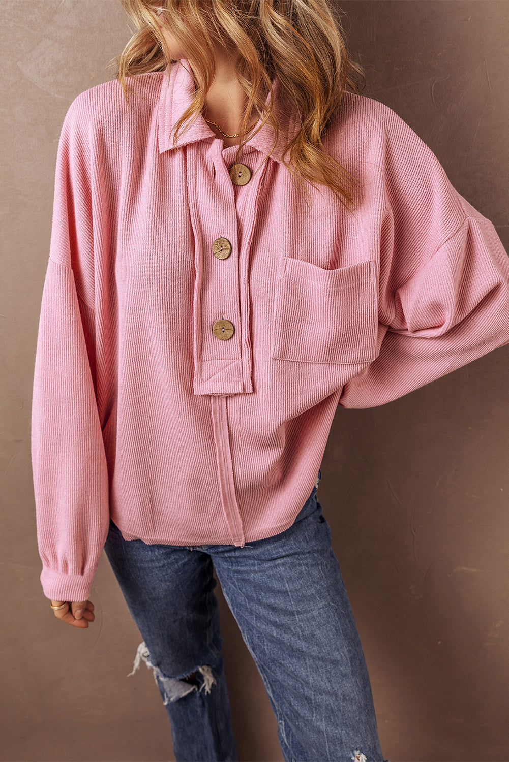 Pink Ribbed Knit Collared Henley Top with Chest Pocket-Tops/Blouses & Shirts-[Adult]-[Female]-Pink-S-2022 Online Blue Zone Planet