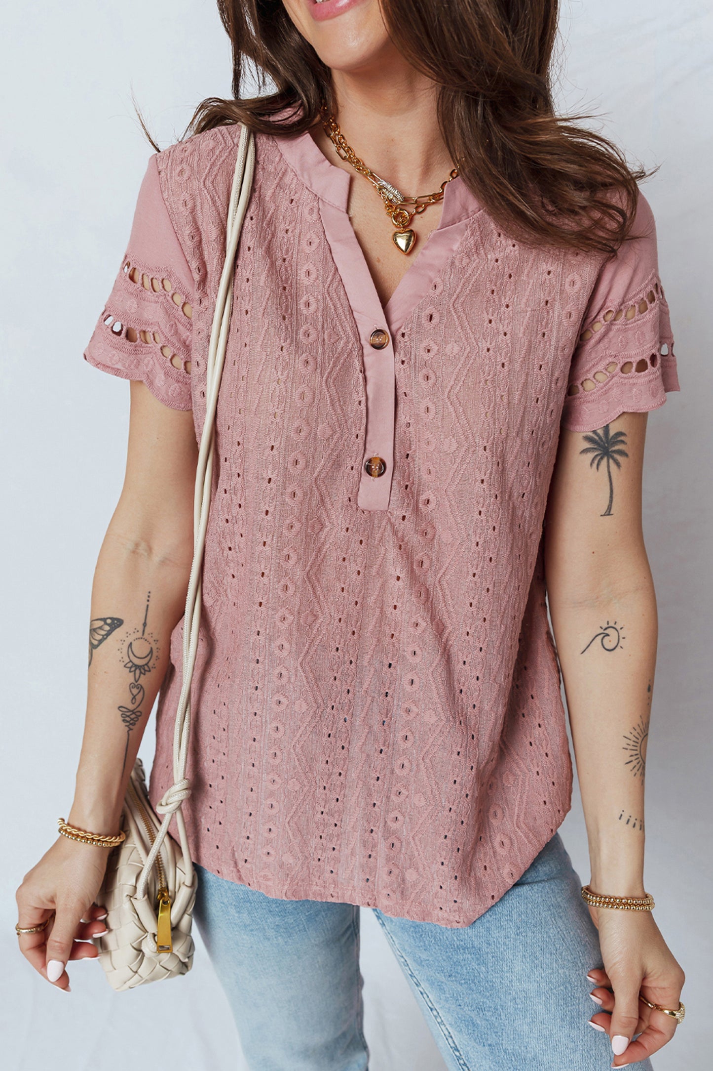 Fushia Textured Embroidered Half Buttons Short Sleeve Blouse-Tops/Blouses & Shirts-[Adult]-[Female]-2022 Online Blue Zone Planet