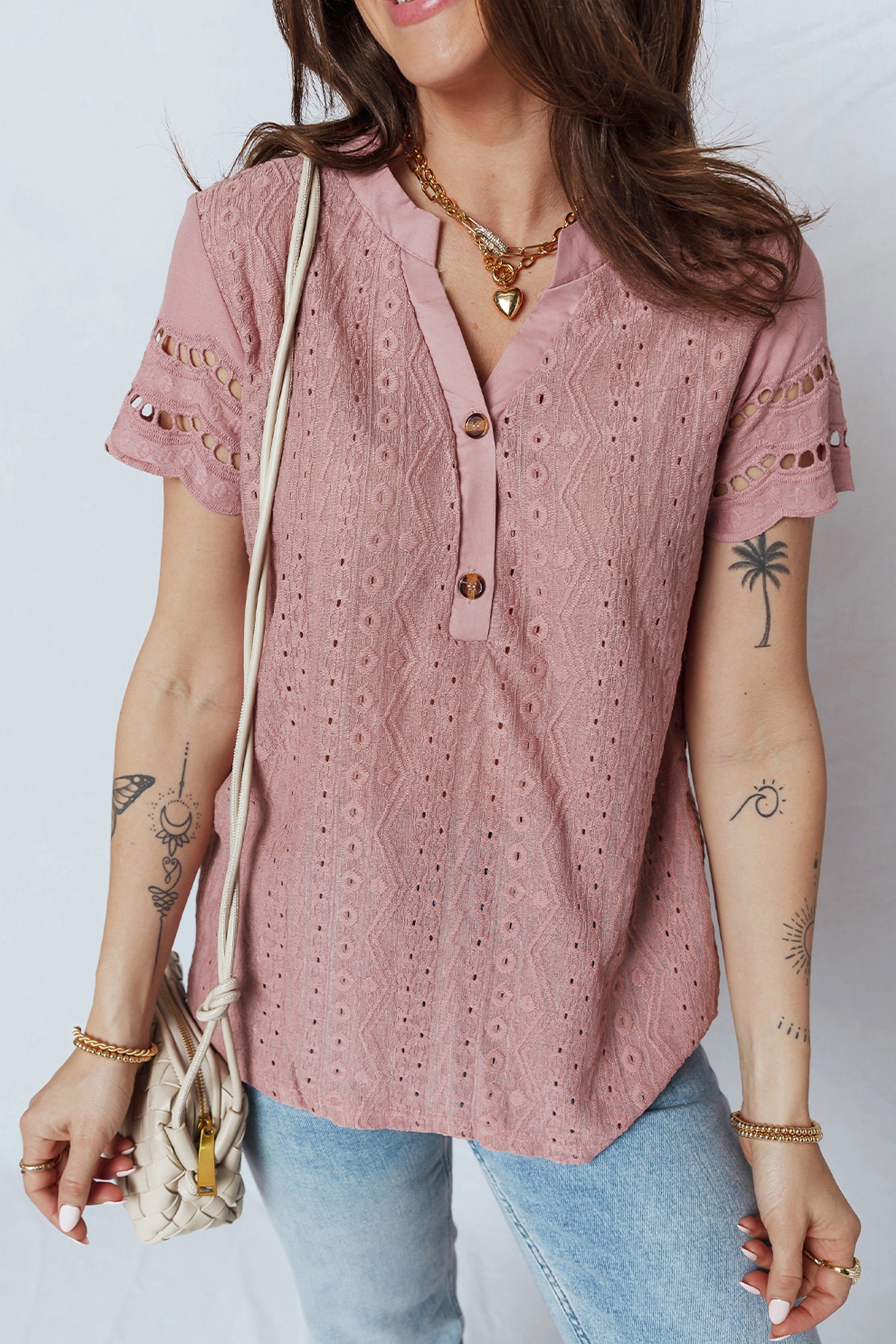 Fushia Textured Embroidered Half Buttons Short Sleeve Blouse-Tops/Blouses & Shirts-[Adult]-[Female]-2022 Online Blue Zone Planet