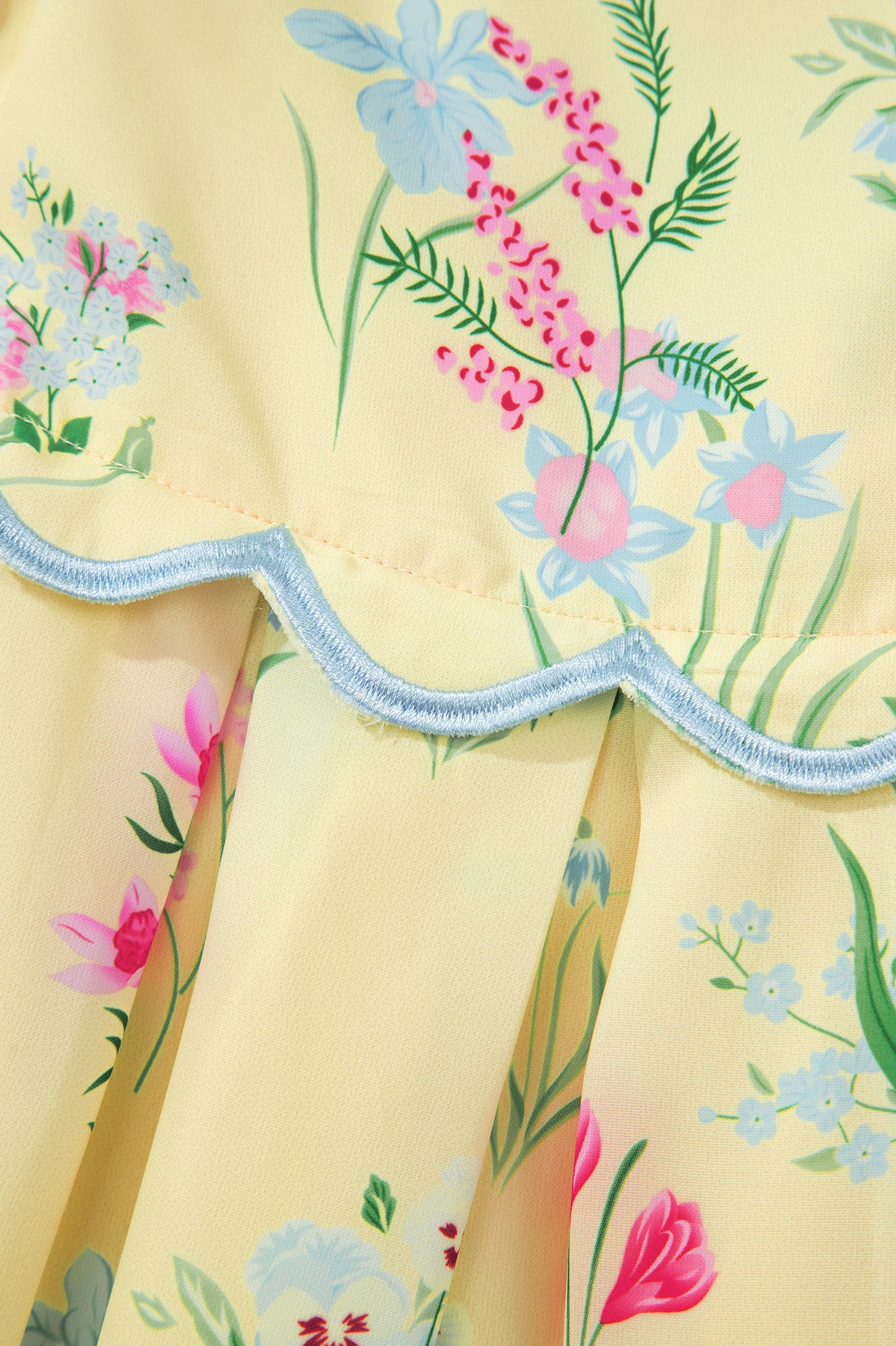 Beige Floral Print Contrast Trim Self-tie Straps High Waist Midi Dress-TOPS / DRESSES-[Adult]-[Female]-2022 Online Blue Zone Planet