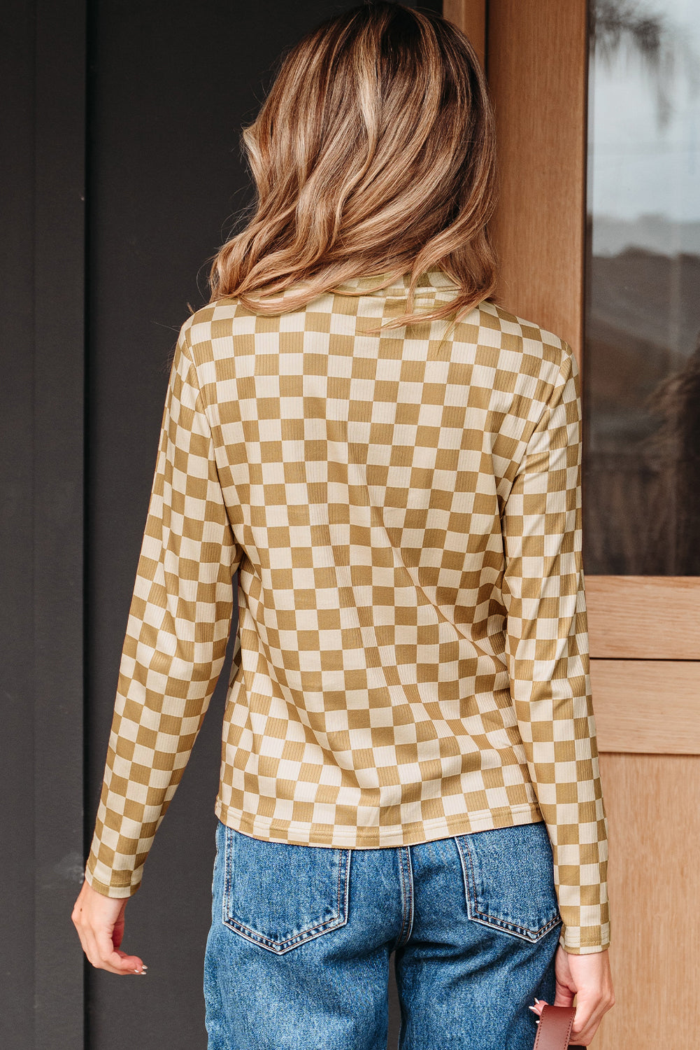 Khaki Check Pattern Turtleneck Ribbed Slim Long Sleeve Tee-Tops/Long Sleeve Tops-[Adult]-[Female]-2022 Online Blue Zone Planet