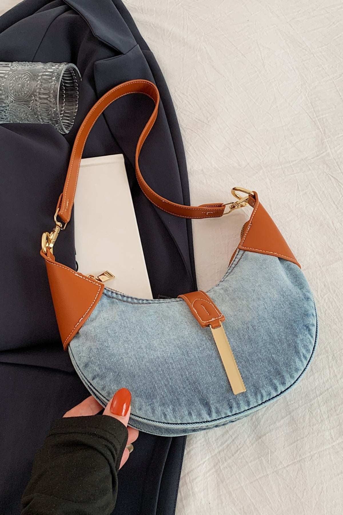 Contrast Denim Shoulder Bag-[Adult]-[Female]-2022 Online Blue Zone Planet