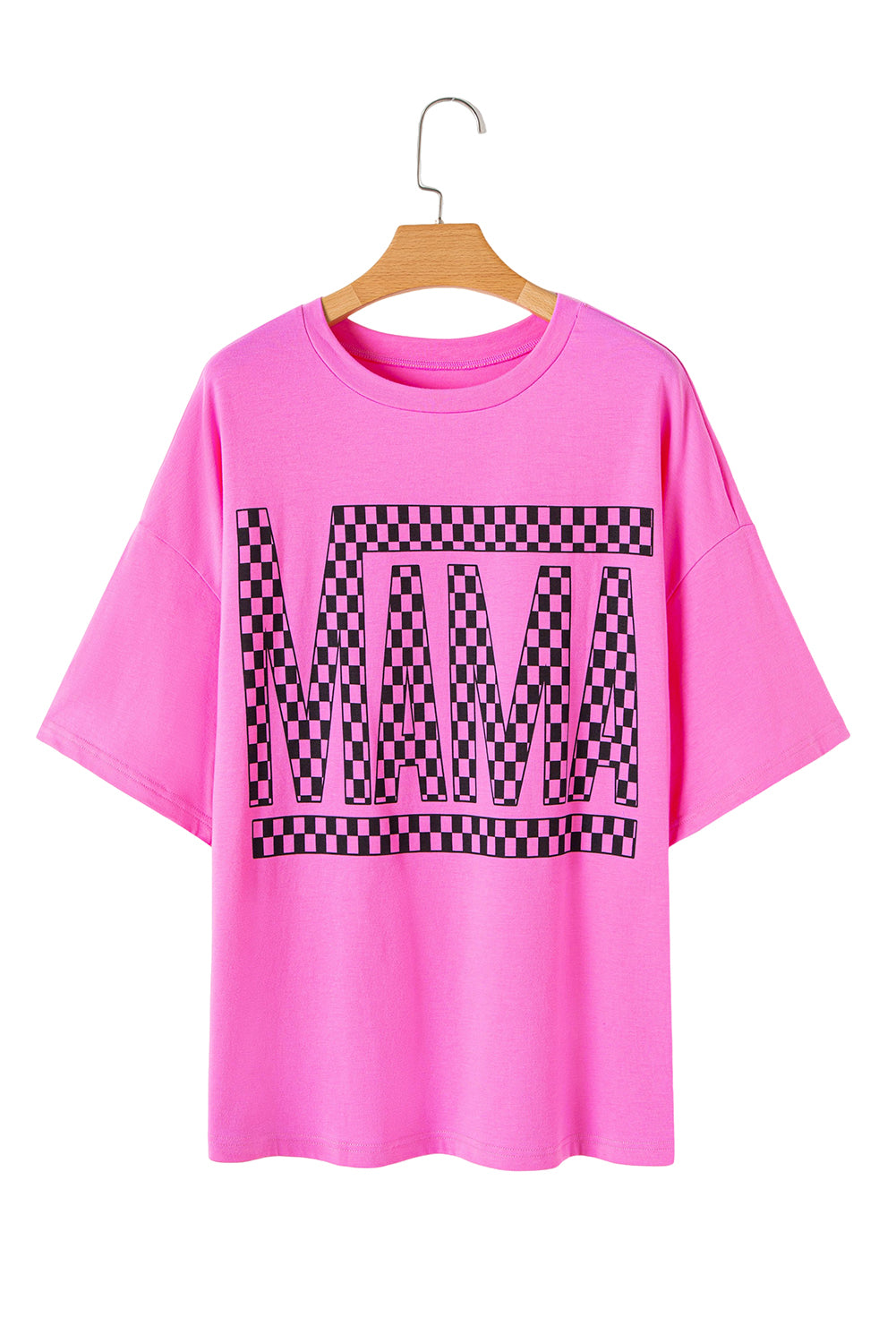 Bright Pink Checker Mama Letter Printed Graphic Plus Size T Shirt-Plus Size/Plus Size Tops/Plus Size Tops & Tees-[Adult]-[Female]-2022 Online Blue Zone Planet