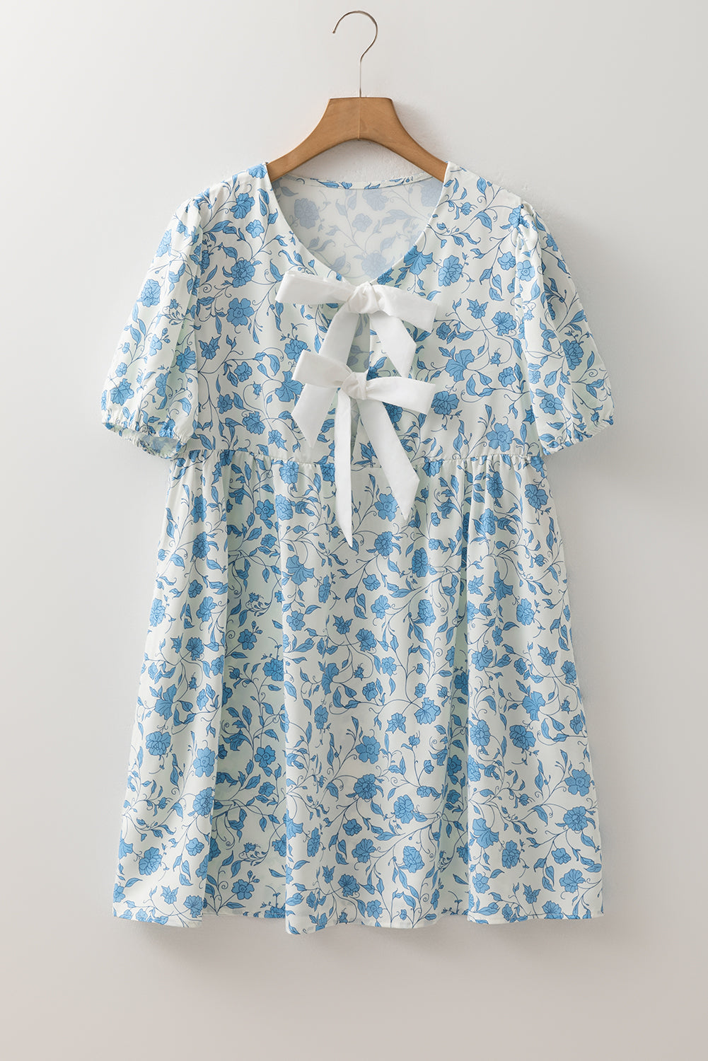 Sky Blue Floral Contrast Bow Puff Sleeve Mini Dress-TOPS / DRESSES-[Adult]-[Female]-2022 Online Blue Zone Planet