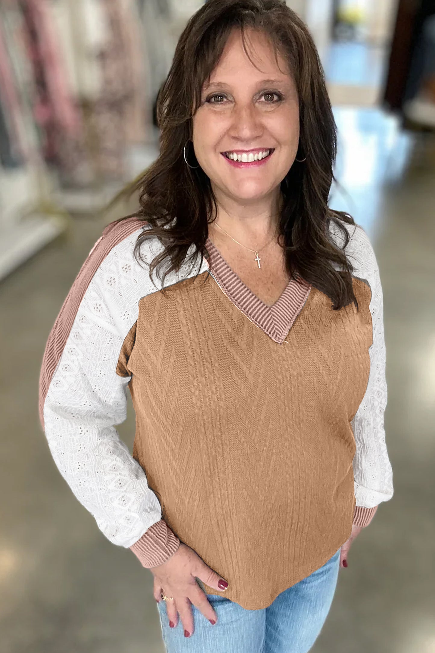 Coffee V Neck Lace Sleeve Patchwork Plus Size Blouse-Plus Size/Plus Size Tops/Plus Size Long Sleeve Tops-[Adult]-[Female]-2022 Online Blue Zone Planet