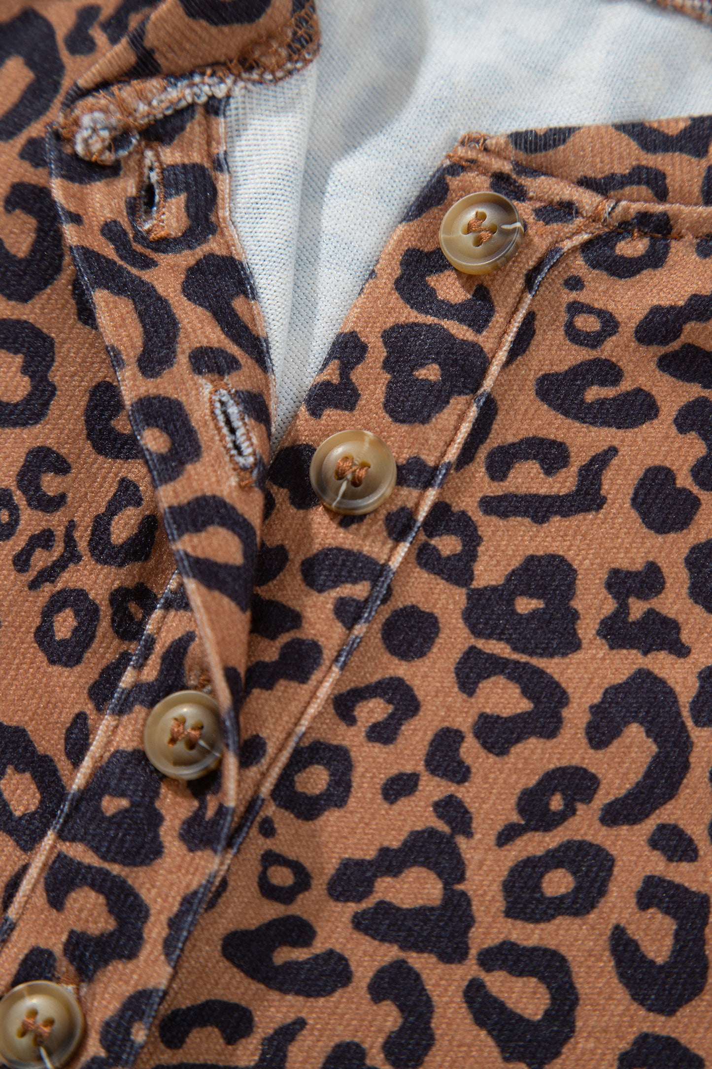 Brown Leopard Print Long Sleeve Henley Top Elastic Waist Shorts 2pcs Outfit-Two Piece Sets/Short Sets-[Adult]-[Female]-2022 Online Blue Zone Planet