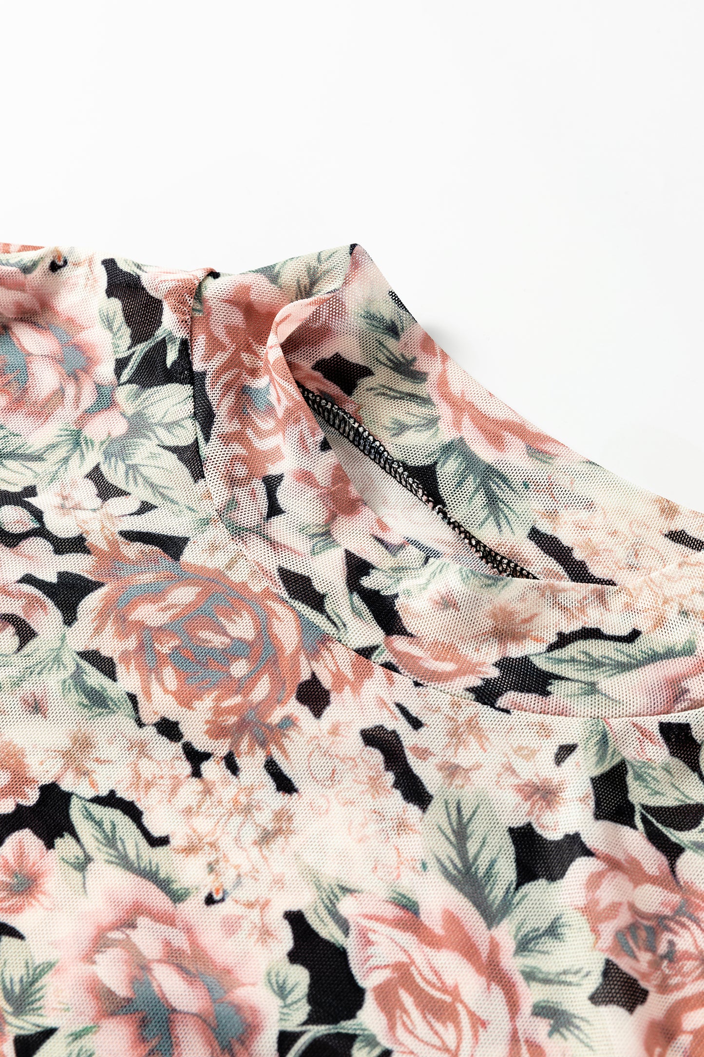 White Retro Floral Print Mock Neck Mesh Long Sleeve Top-Tops/Long Sleeve Tops-[Adult]-[Female]-2022 Online Blue Zone Planet