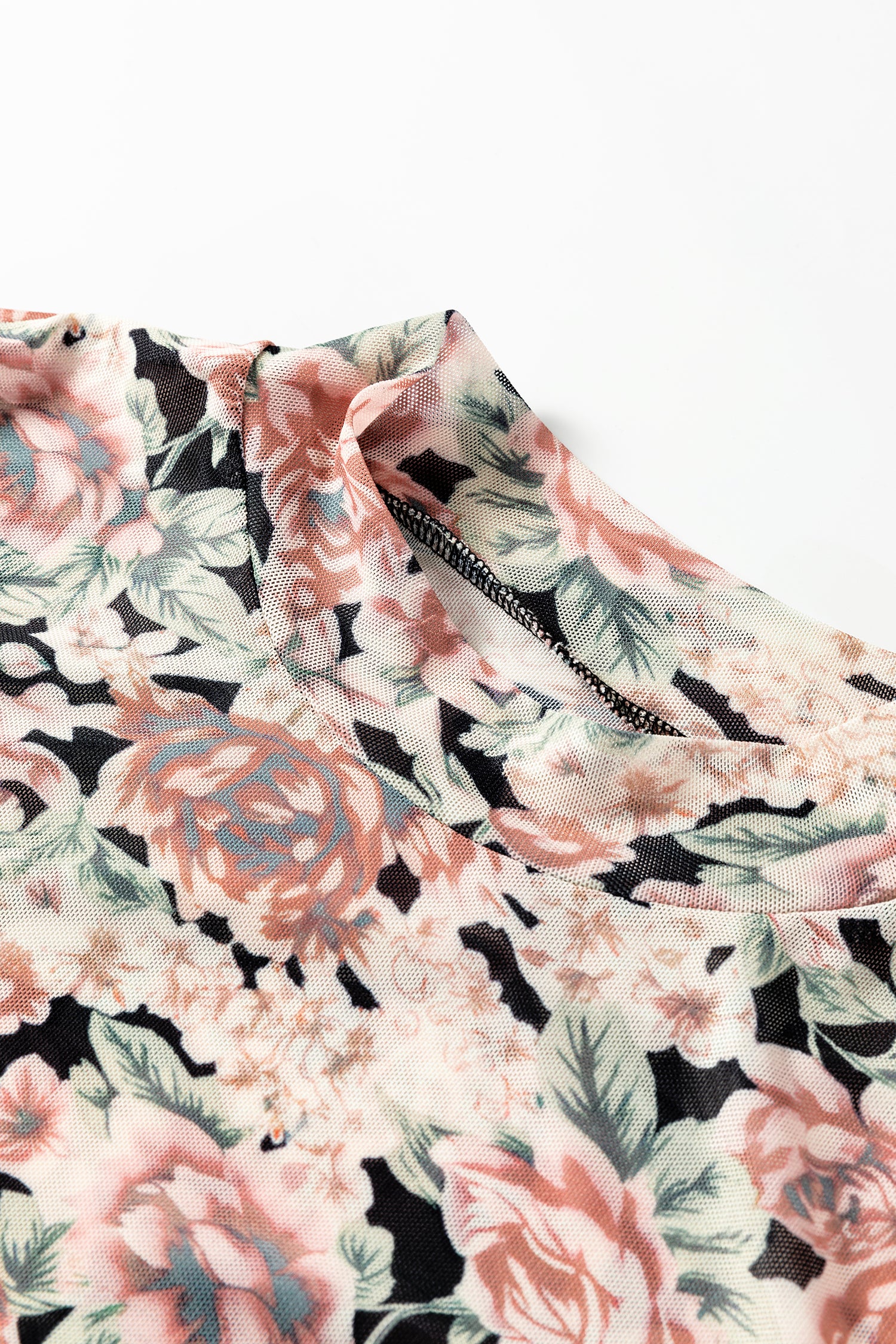 White Retro Floral Print Mock Neck Mesh Long Sleeve Top-Tops/Long Sleeve Tops-[Adult]-[Female]-2022 Online Blue Zone Planet