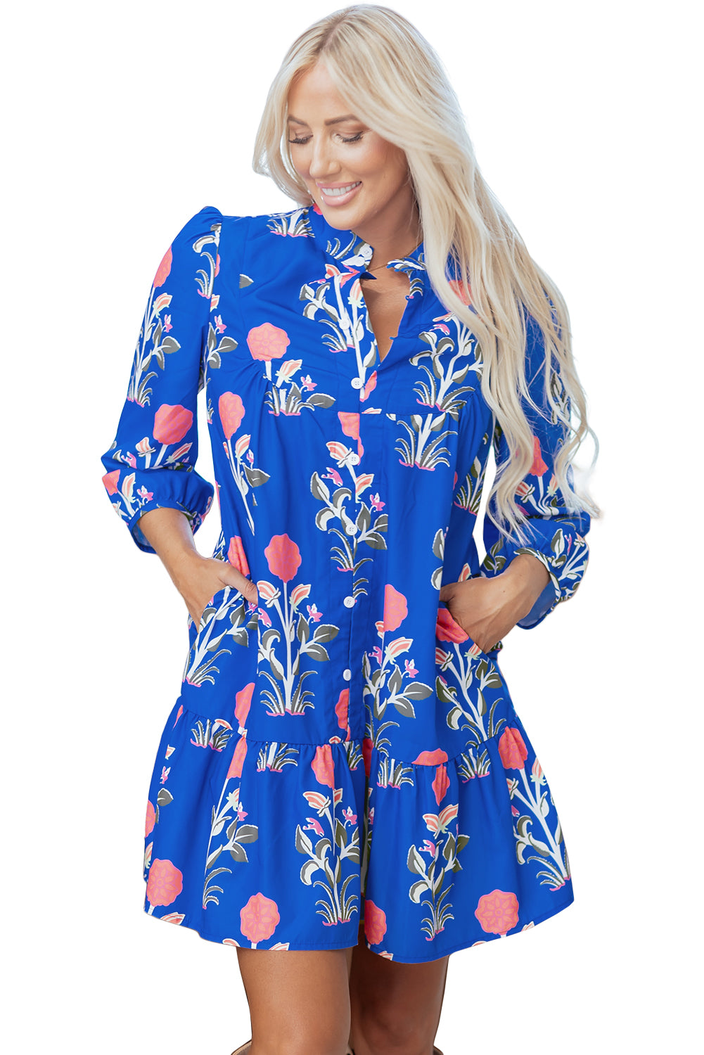 Blue Floral Print Button Detail 3/4 Puff Sleeve Ruffle Hem Dress-Dresses/Floral Dresses-[Adult]-[Female]-2022 Online Blue Zone Planet