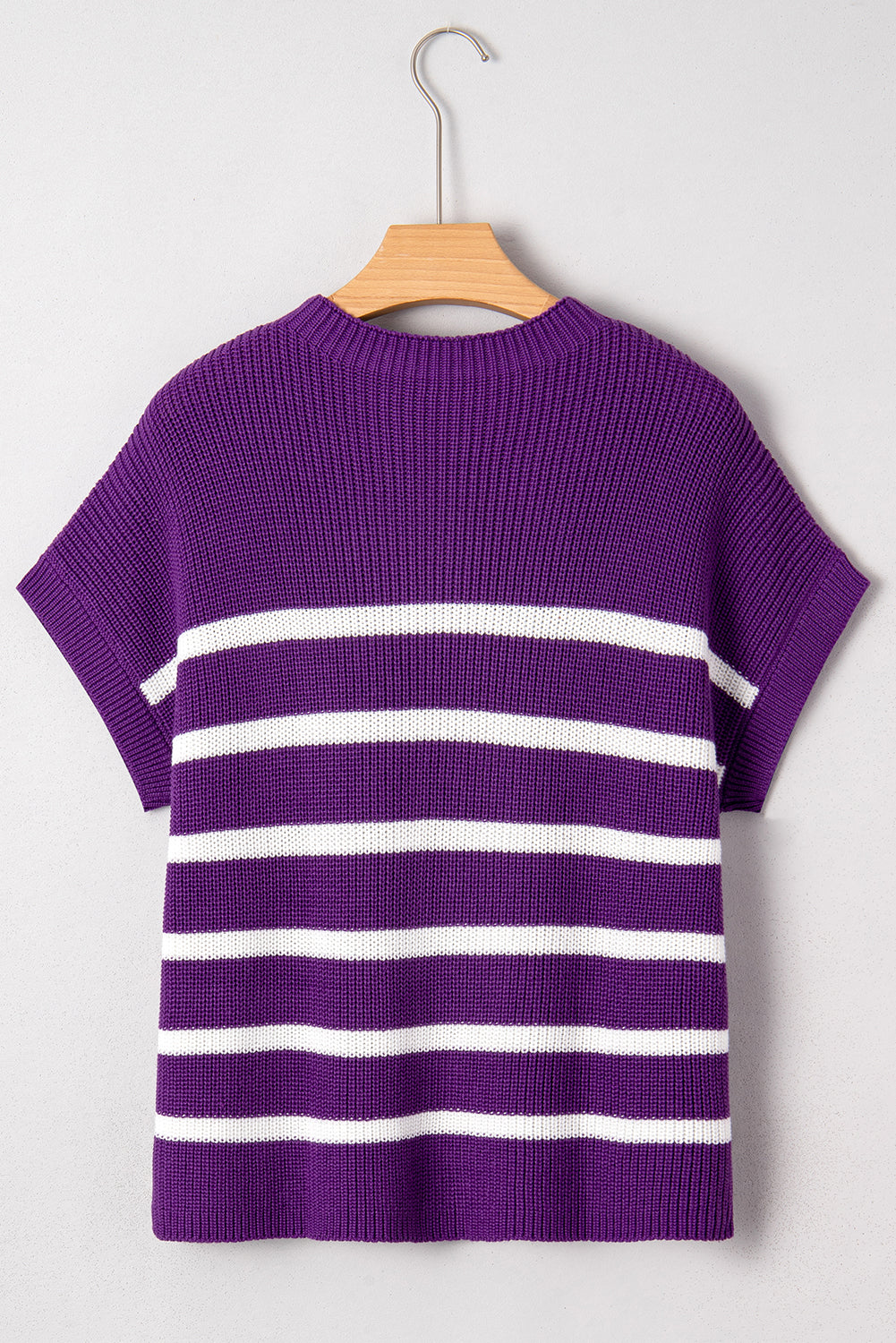 Purple Stripe Raw Edge Patched Pocket Short Sleeve Knit Sweater-Sweaters & Cardigans/Short Sleeve Sweaters-[Adult]-[Female]-2022 Online Blue Zone Planet