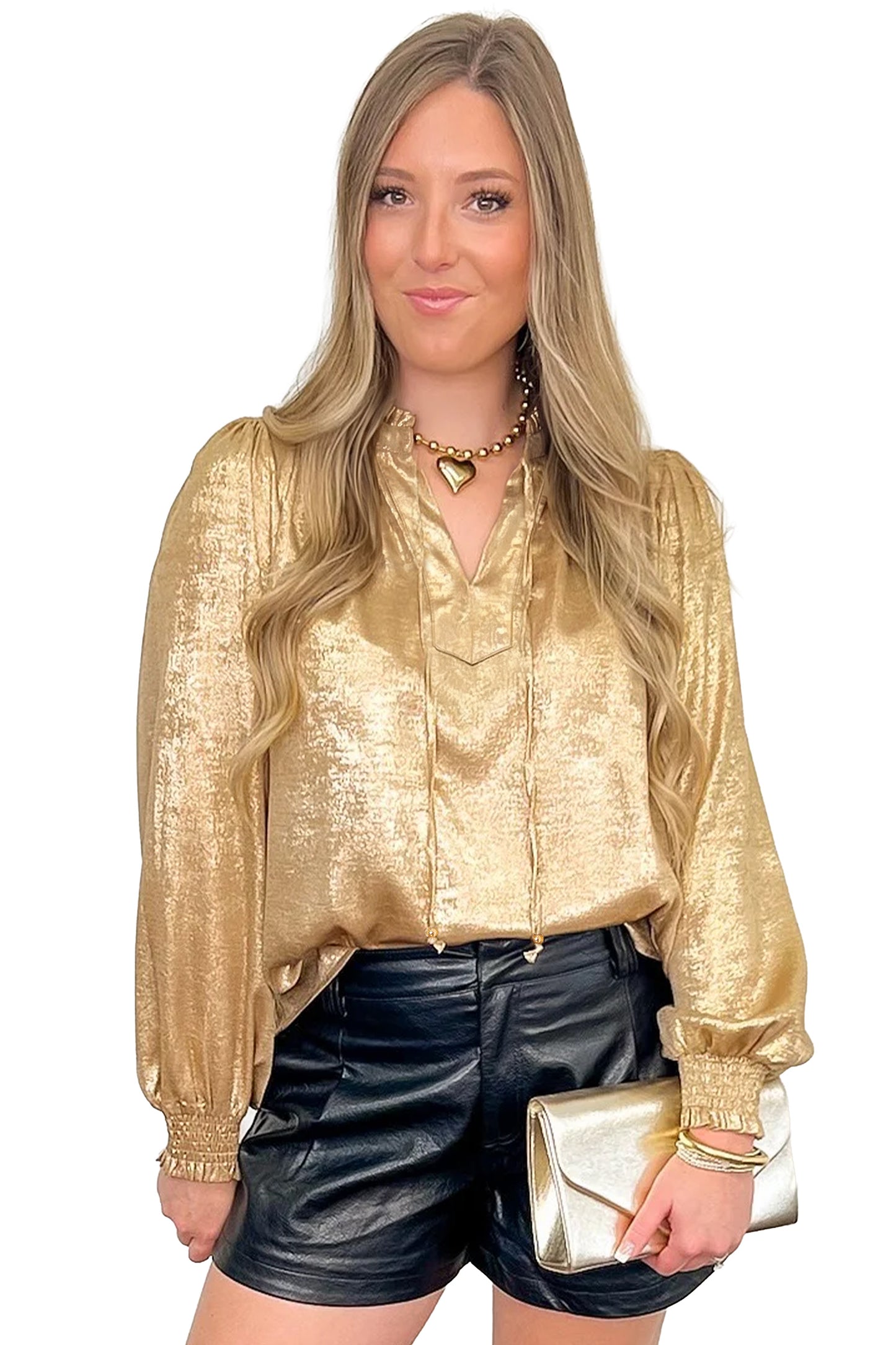 Gold Metallic Sheen V Neck Gathered Cuff Long Sleeve Blouse-Tops/Blouses & Shirts-[Adult]-[Female]-2022 Online Blue Zone Planet