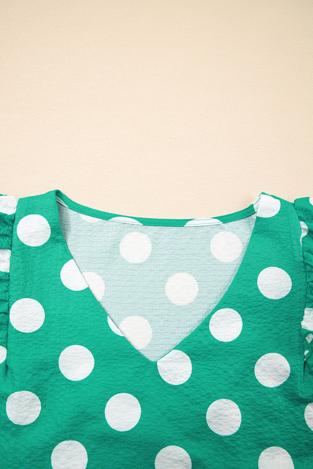 Green Polka Dot Print Ruffled Sleeve V Neck Blouse-Tops/Blouses & Shirts-[Adult]-[Female]-2022 Online Blue Zone Planet