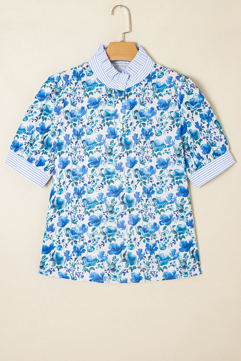 Sky Blue Floral Print Striped Patchwork Collared Short Sleeve Blouse-Tops/Blouses & Shirts-[Adult]-[Female]-2022 Online Blue Zone Planet