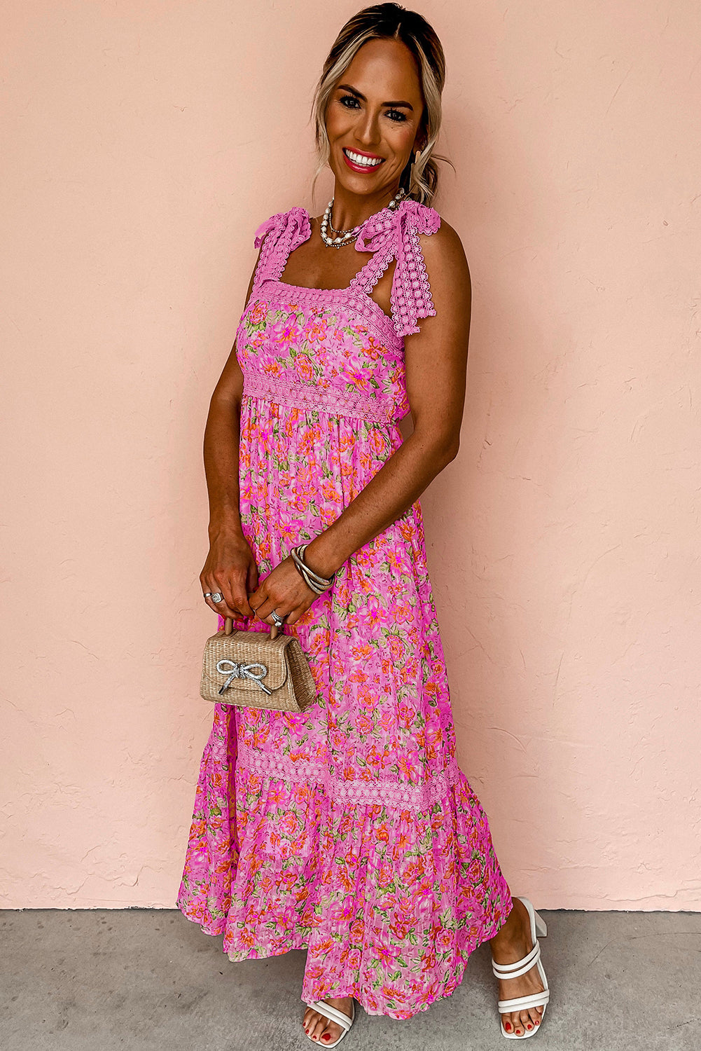 Rose Floral Lace Tied Strap Empire Waist Maxi Dress-TOPS / DRESSES-[Adult]-[Female]-2022 Online Blue Zone Planet