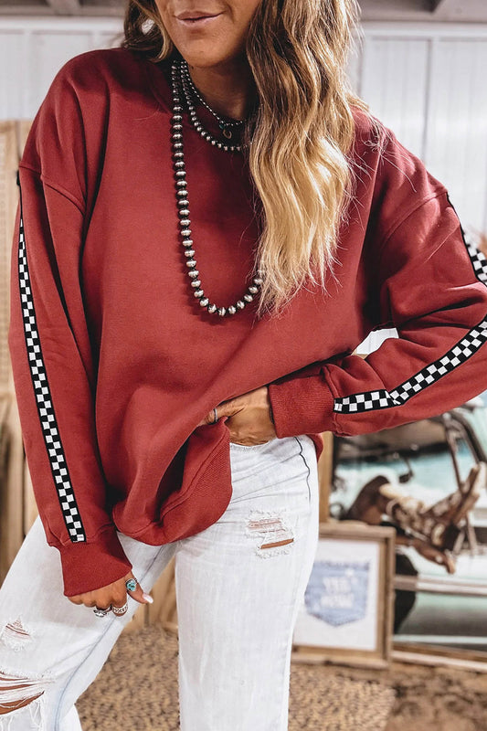 Mineral Red Checkered Trim Long Sleeve Round Neck Shift Sweatshirt-Tops/Sweatshirts & Hoodies-[Adult]-[Female]-Mineral Red-S-2022 Online Blue Zone Planet