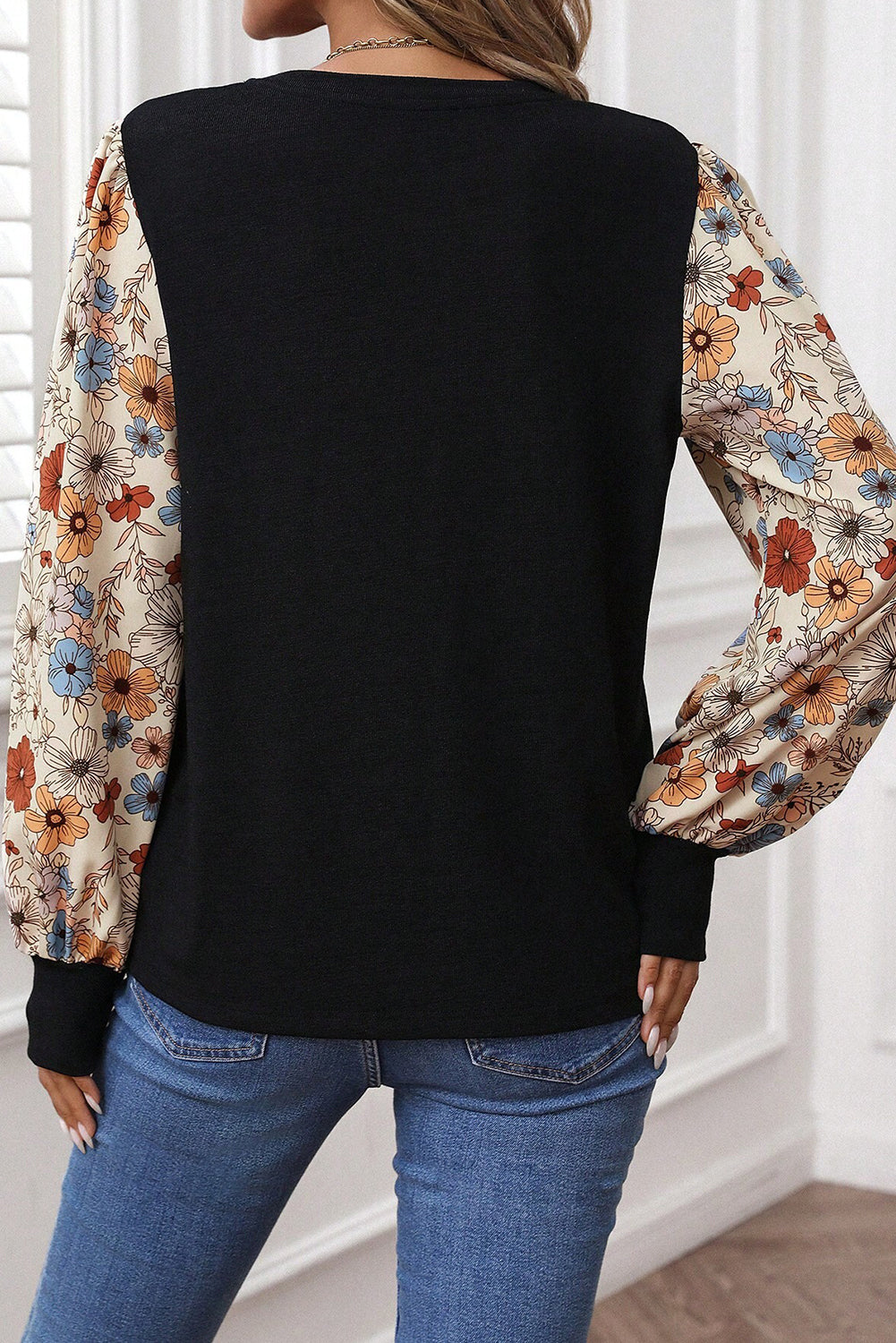 Apricot Flower Puff Sleeve Patchwork Top-Tops/Long Sleeve Tops-[Adult]-[Female]-2022 Online Blue Zone Planet